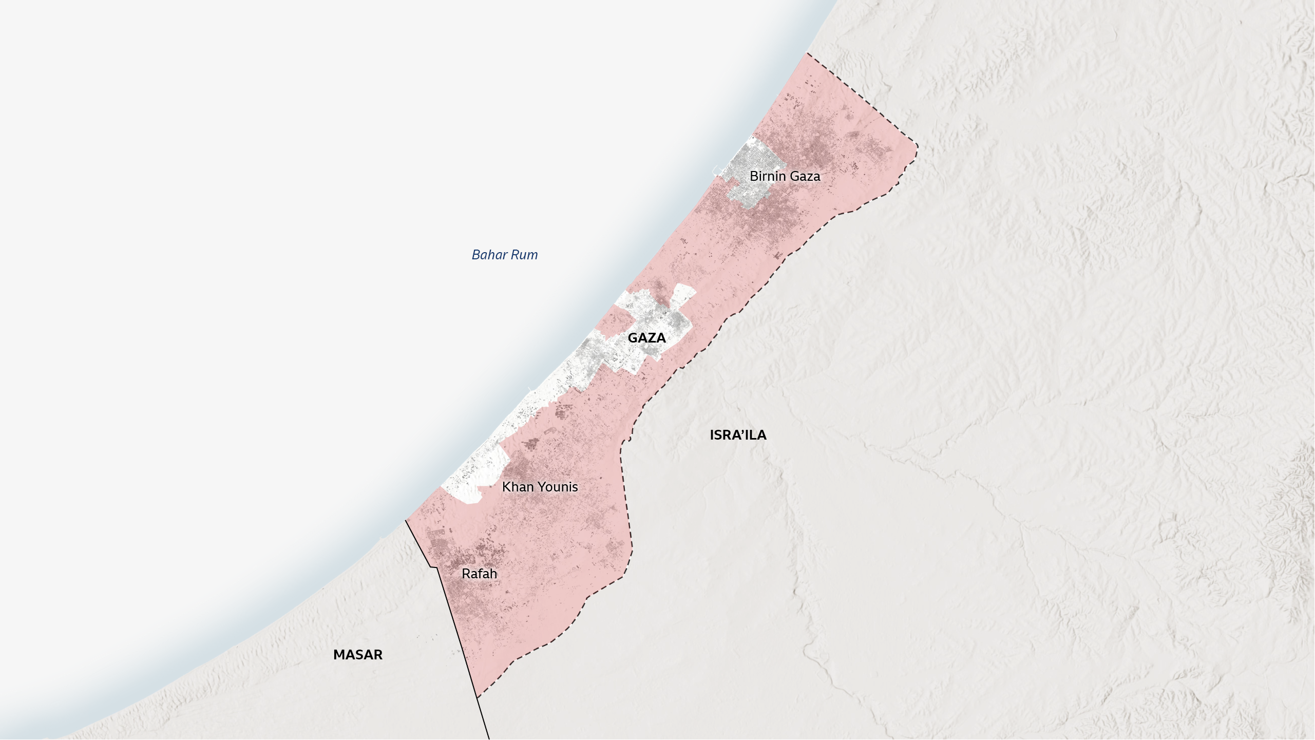 Taswirar Gaza da ke nuna wuraren da Isra'ila ta ce suna ƙarƙashin kulawar sojojinta, wanda ke nuna cewa yawancin yankunan da suke kusa da sansanin al-Mawasi yanzu suna ƙarƙashin Isra'ilar.