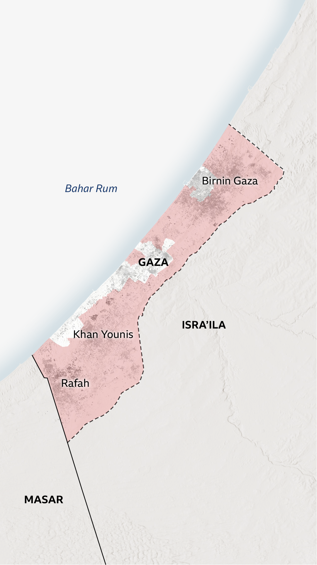 Taswirar Gaza da ke nuna wuraren da Isra'ila ta ce suna ƙarƙashin kulawar sojojinta, wanda ke nuna cewa yawancin yankunan da suke kusa da sansanin al-Mawasi yanzu suna ƙarƙashin Isra'ilar.