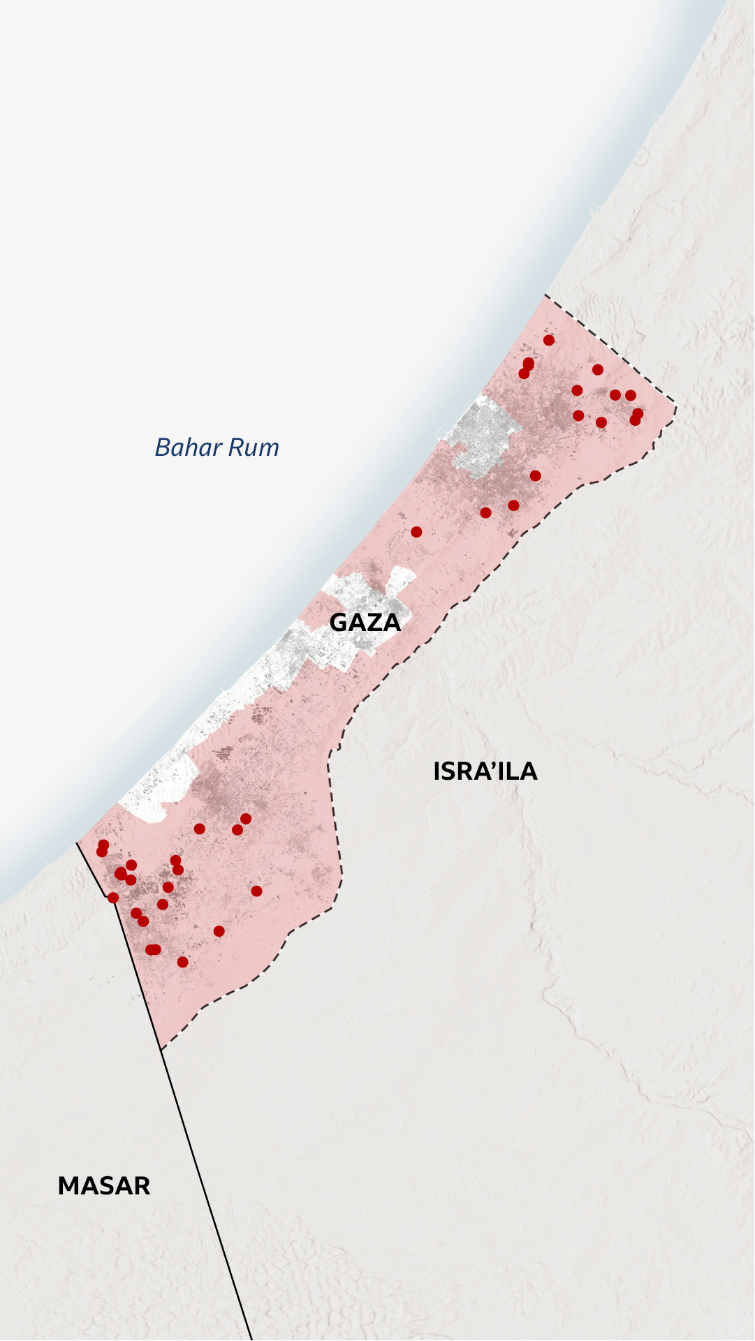 Taswirar Gaza da ke nuna wurare kusan 40 da aka tabbatar sojojin Isra'ila sun ɓarnata kadarorin fararen hula. Alamun ɓarnar sun fi yawa a Rafah da arewacin Gaza.