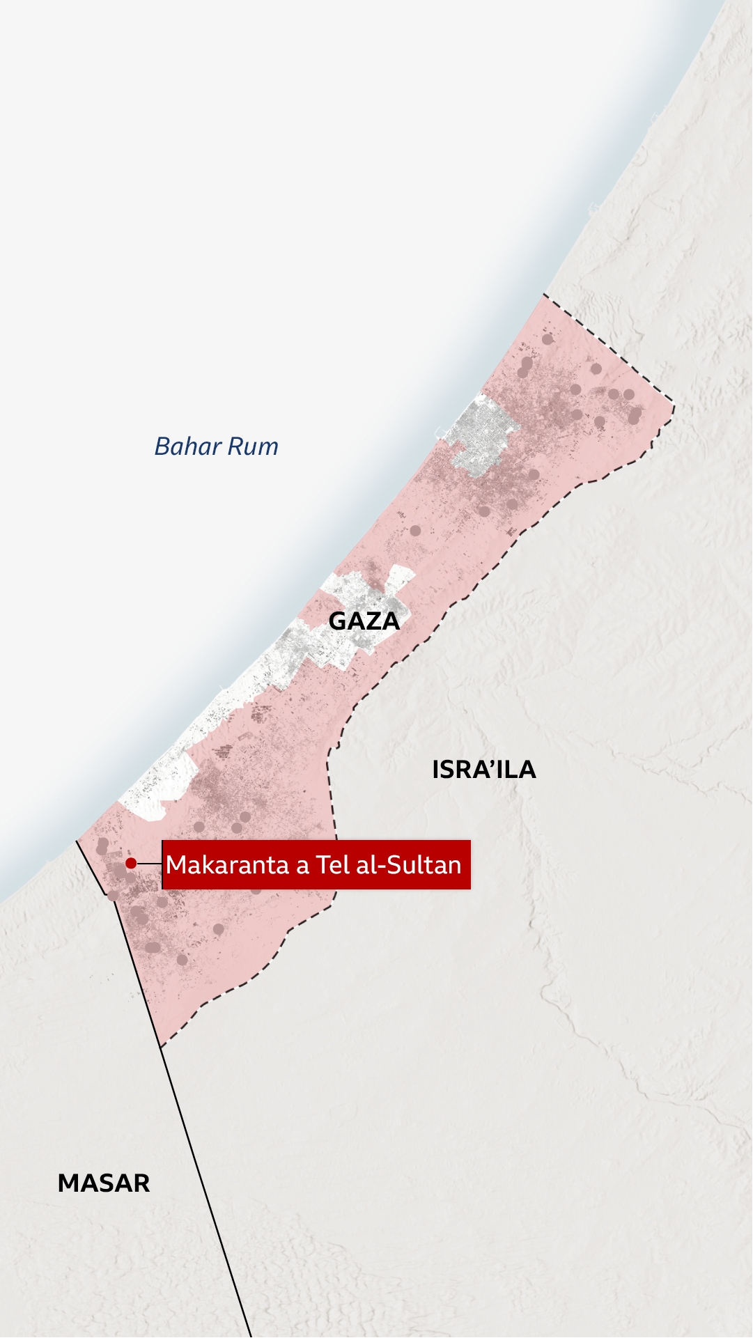 Taswirar Gaza da ke nuna wurare kusan 40 da aka tabbatar sojojin Isra'ila sun ɓarnata kadarorin fararen hula. Alamun ɓarnar sun fi yawa a Tel al-Sultan da ke Rafah
