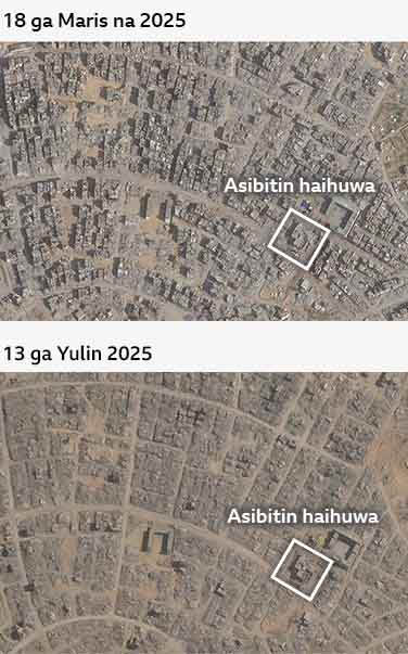 Hotuna kafin hari da bayan harin da aka kai a Tel as-Sultan a ranar 10 ga Mayun 2025 da 4 ga Yulin 2025. Yawancin gine-ginen sun rushe; saura asibitin haihuwa kawai.