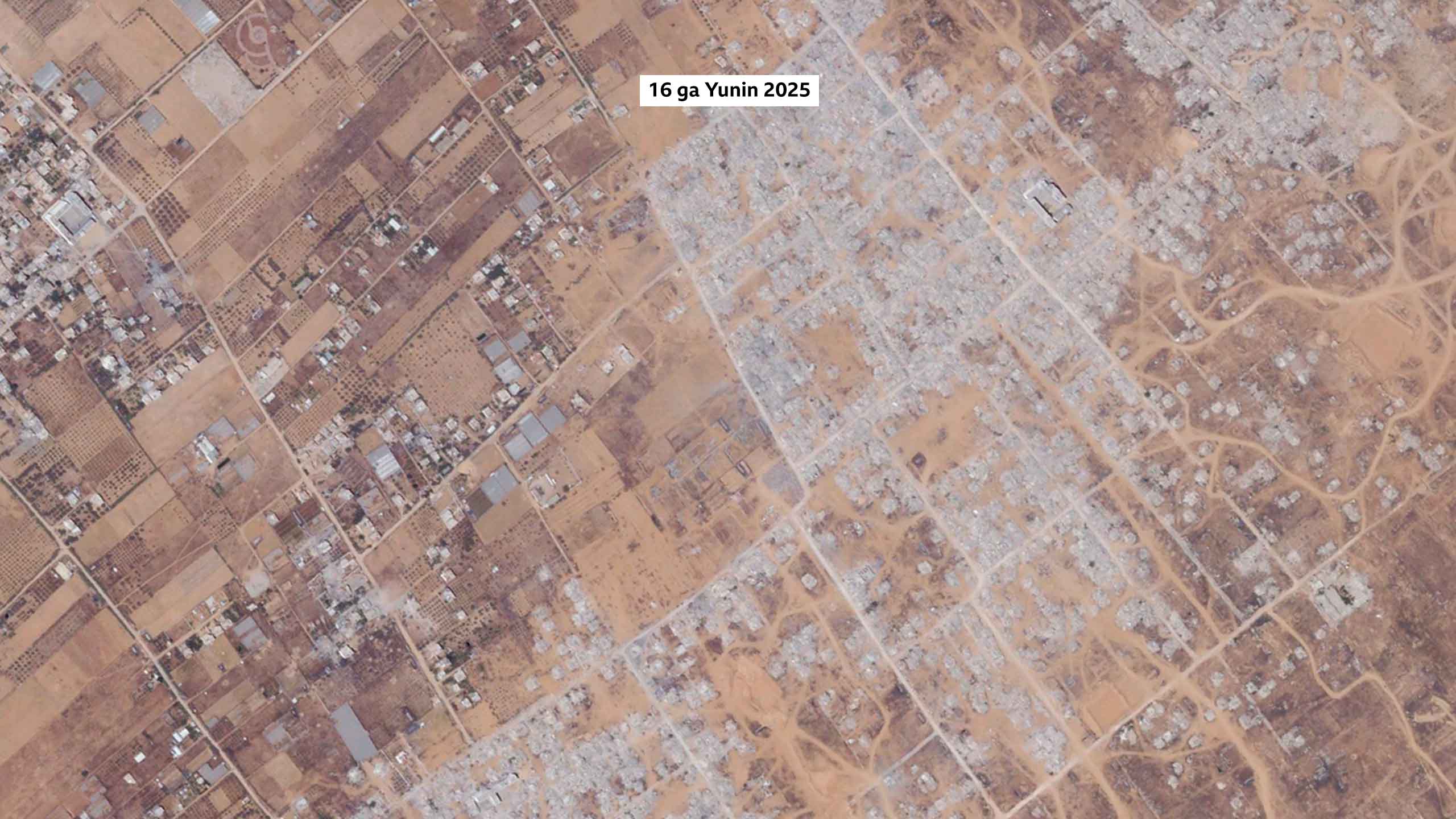 Hotunan tauraron ɗan'adam da ke nuna Khuza'a a ranar 16 ga Yunin 2025. Hotunan sun nuna cewa yawancin gine-ginen yankin da gonakinsu sun lalace.