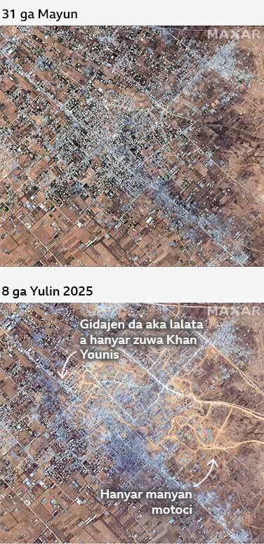 Hotunan kafin hari da bayan harin da aka kai Abasan al-Kabira a ranar 31 ga Mayun 2025 da 8 ga Yulin 2025. Hotunan bayan harin sun nuna tsananin ɓarnar