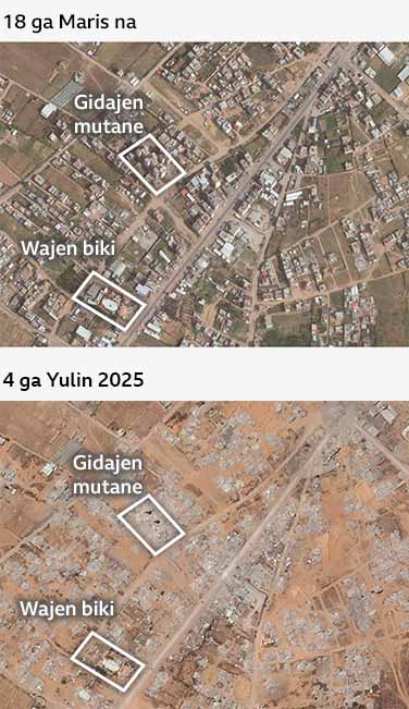 Hotunan kafin hari da bayan hari a Qizan Abu Rashwan a 18 ga Maris na 2025 da 4 ga Yulin 2025. Hotunan sun fi mayar da hankali a kan titunann yankin: yawancin gine-ginen yankin an rusa su. An bayyana wani gidan biki ƙarara a ciki.