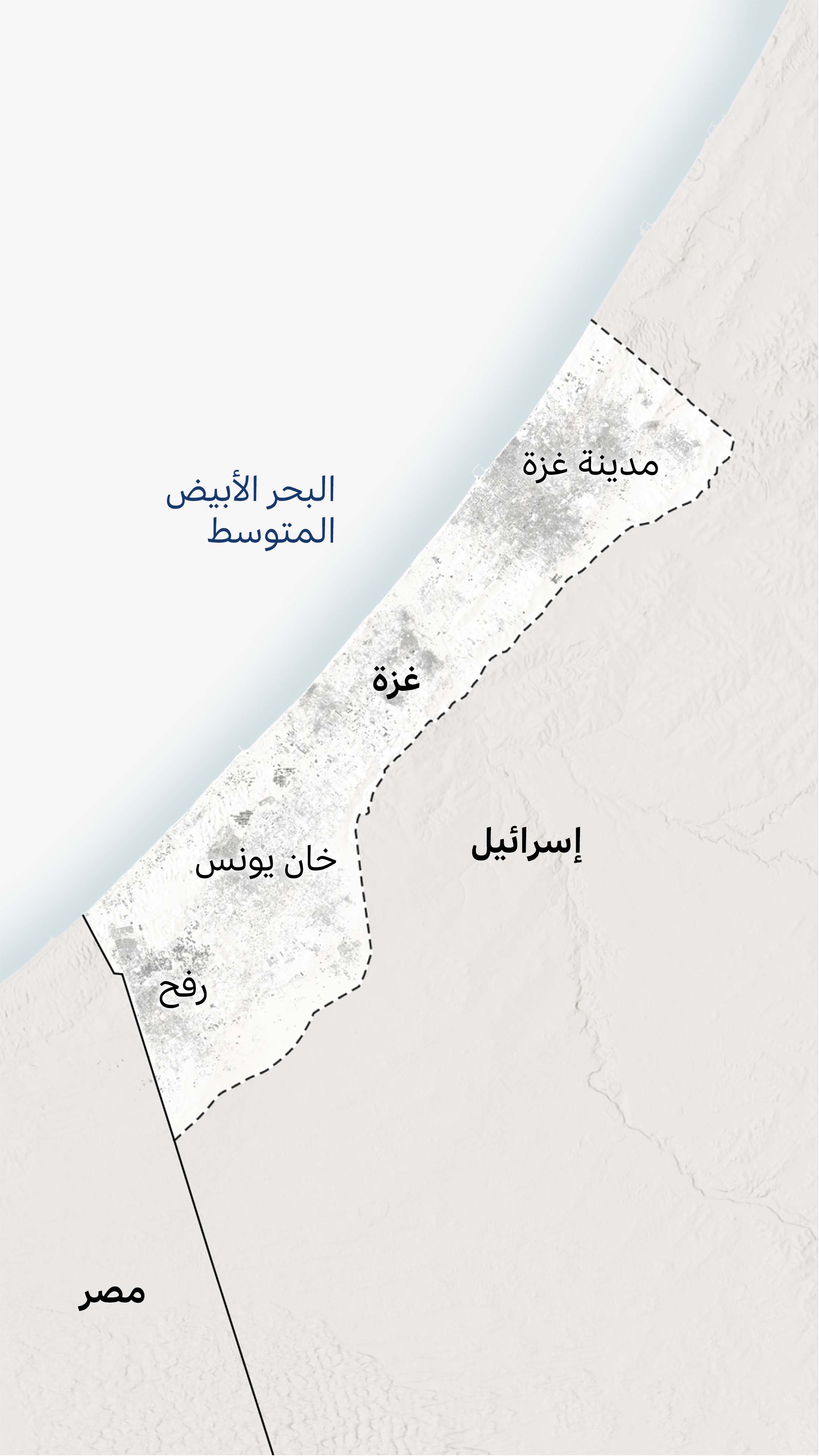 خريطة لقطاع غزة تُظهر المدن الرئيسية: رفح، وخان يونس، وغزة. 