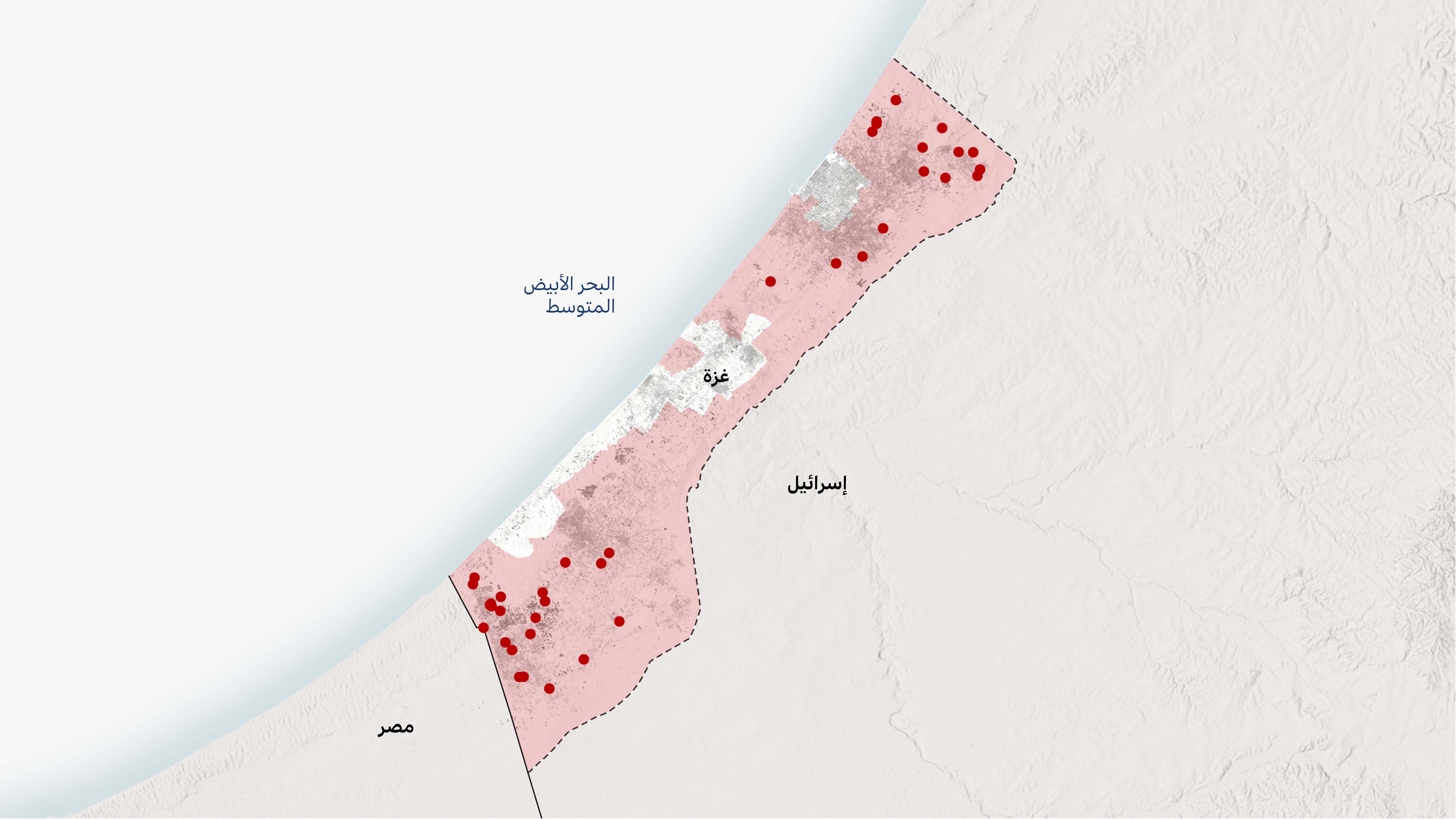خريطة لقطاع غزة تظهر مواقع، تحدث عنها نحو 40 تقريراً موثقاً، لتدمير البنية التحتية المدنية على يد القوات الإسرائيلية، كما تظهر تمركزاً ملحوظاً للنقاط في رفح وشمال مدينة غزة.