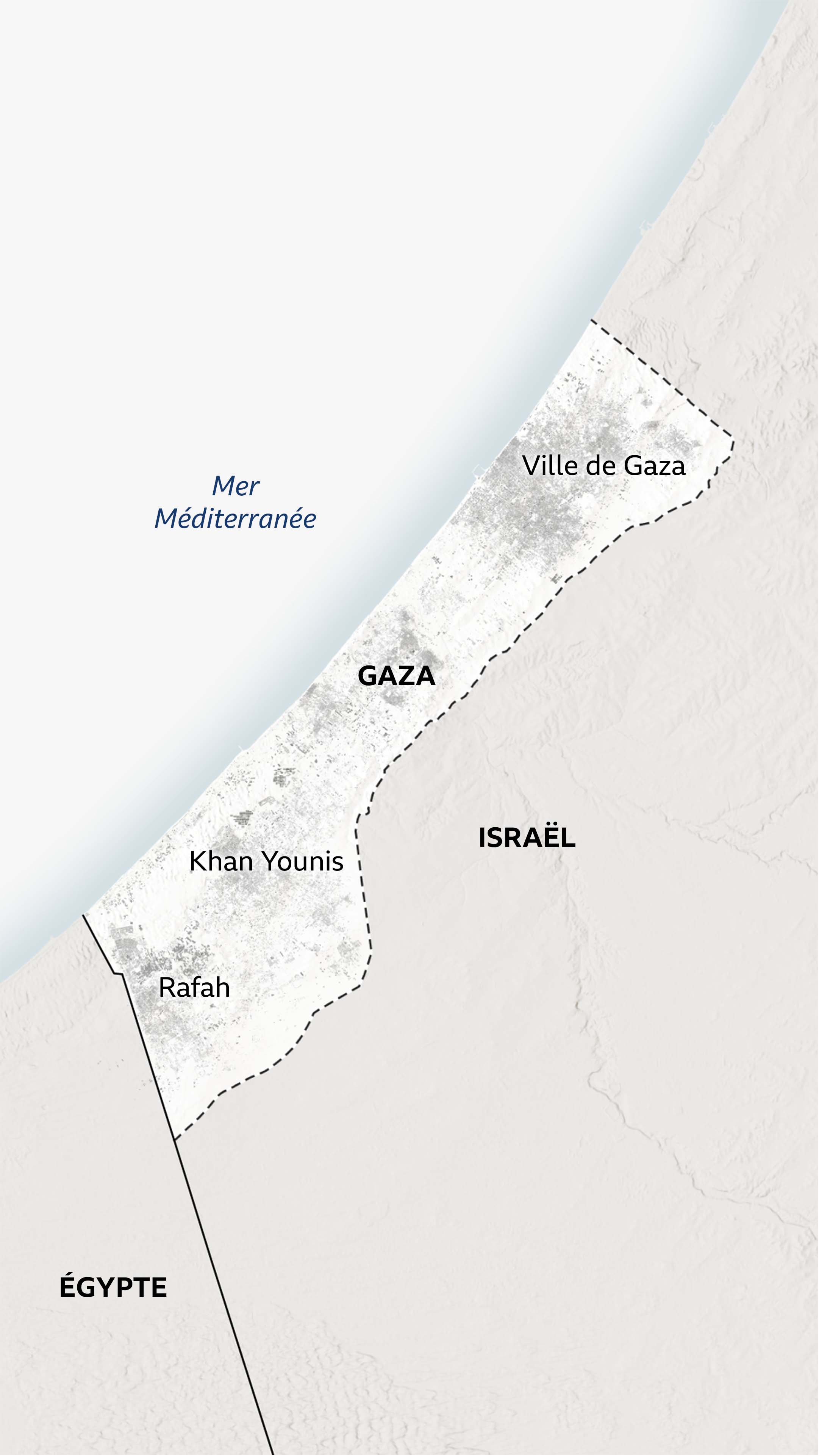 Carte de Gaza indiquant les principales villes de Rafah, Khan Younis et Gaza City.