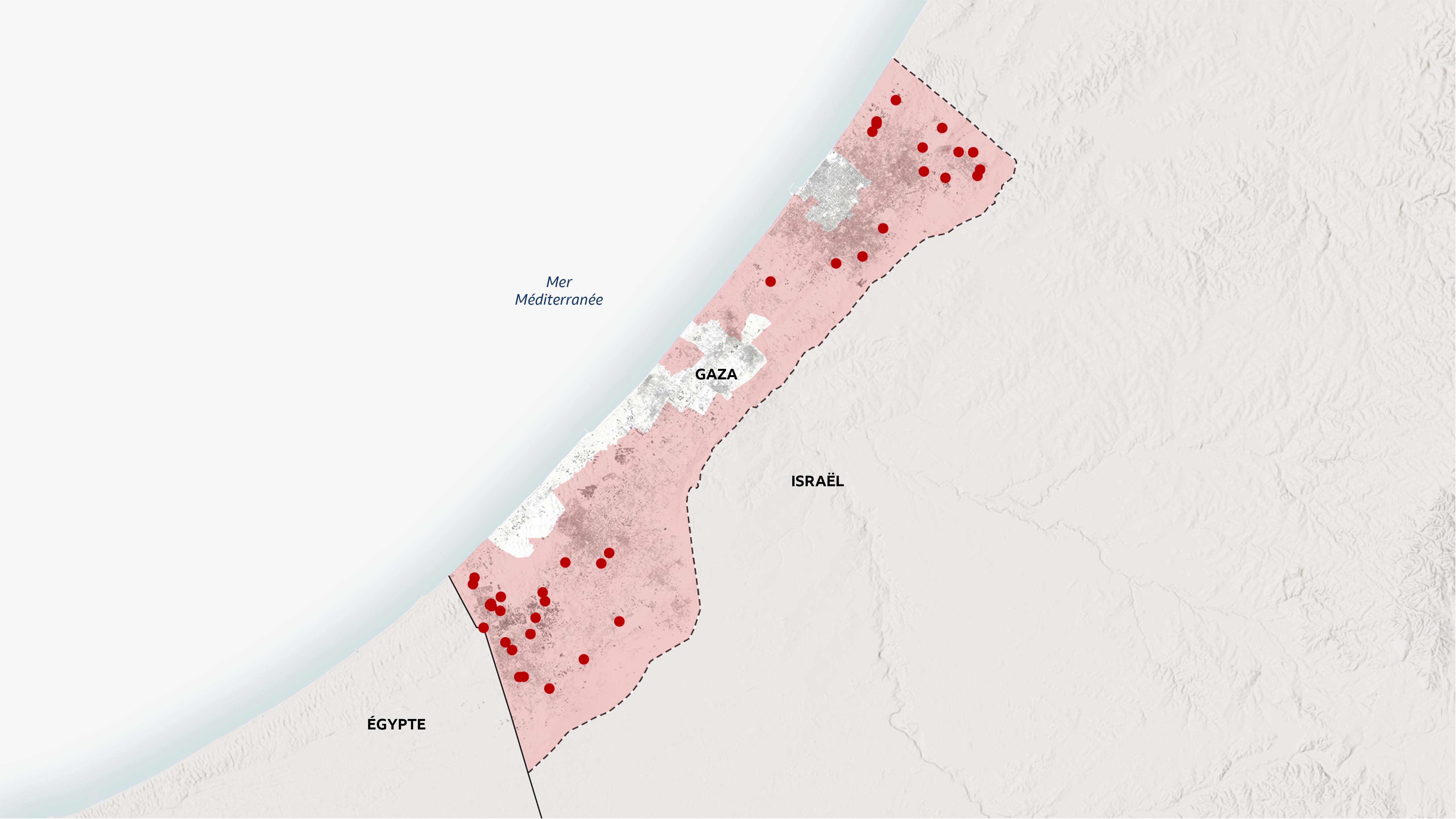 Une carte de Gaza montrant les emplacements d'environ 40 rapports vérifiés de destruction d'infrastructures civiles par les forces israéliennes. Les points sont largement concentrés à Rafah et au nord de la ville de Gaza.