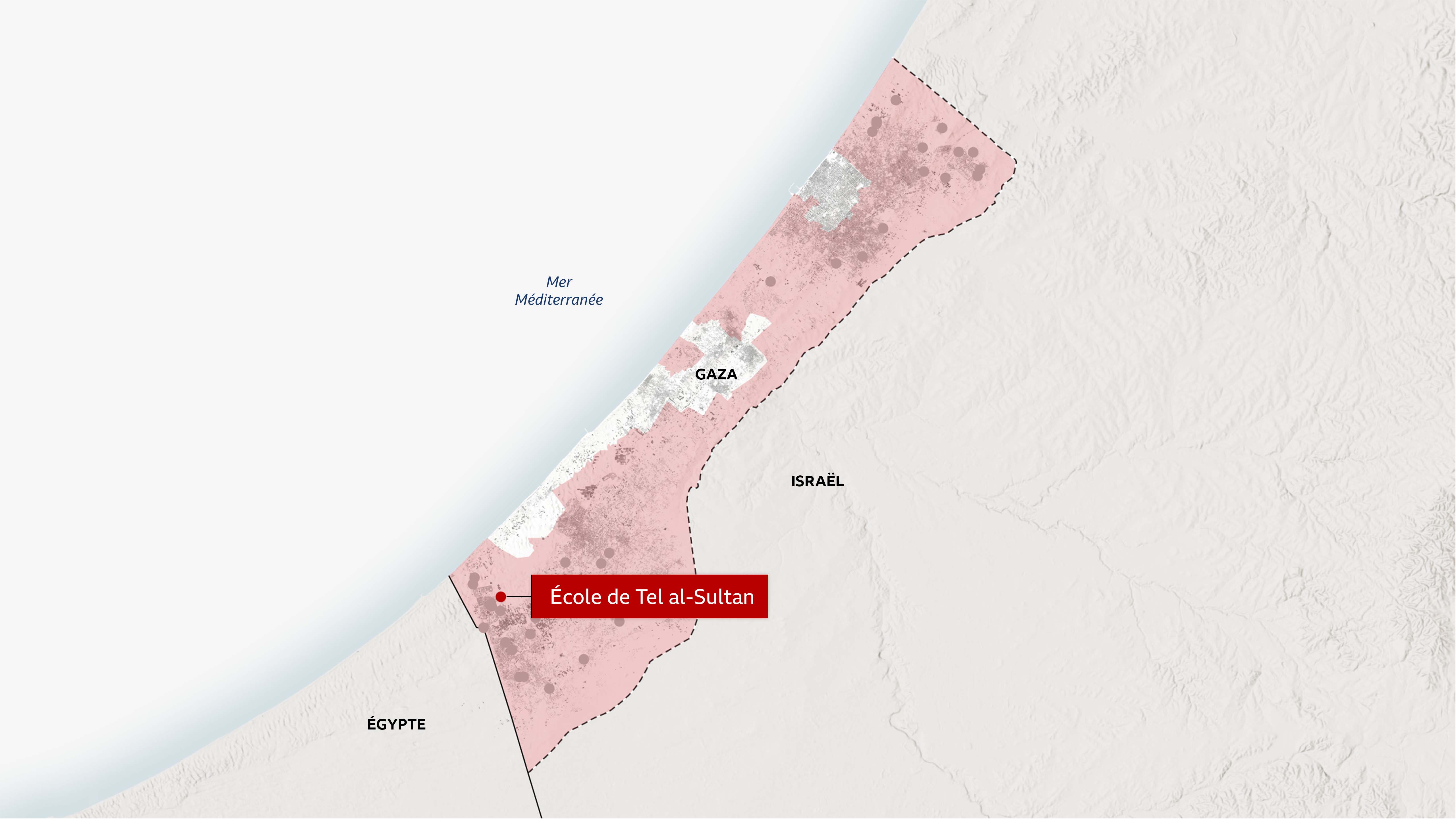 Une carte de Gaza montrant les emplacements d'environ 40 rapports vérifiés de destruction d'infrastructures civiles par les forces israéliennes et mettant en évidence un point spécifique pour une séquence vidéo d'une école dans la banlieue de Rafah, Tel al-Sultan.
