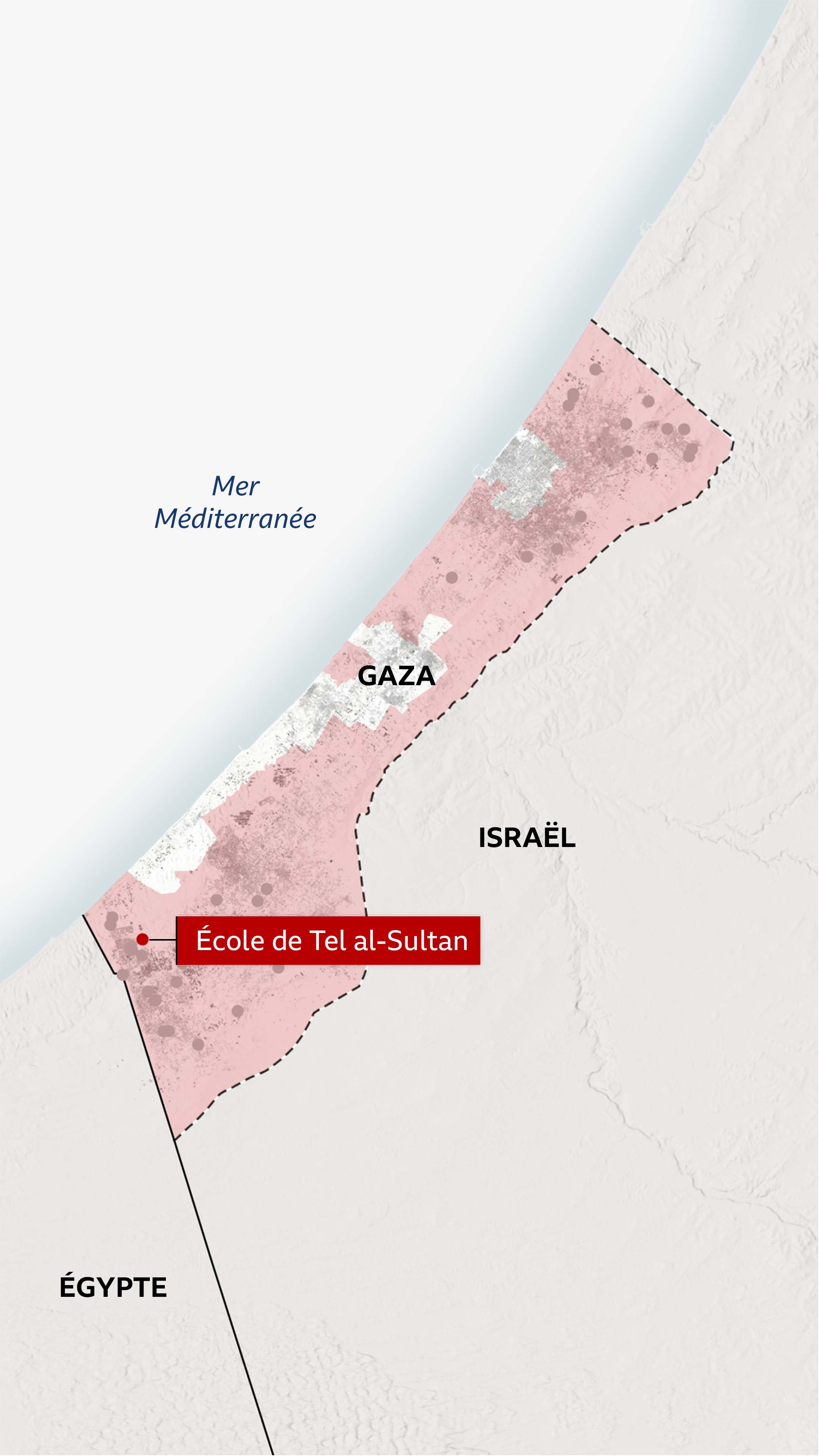 Une carte de Gaza montrant les emplacements d'environ 40 rapports vérifiés de destruction d'infrastructures civiles par les forces israéliennes et mettant en évidence un point spécifique pour une séquence vidéo d'une école dans la banlieue de Rafah, Tel al-Sultan.