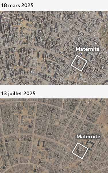 Image avant et après de Tel as-Sultan le 10 mai 2025 et le 4 juillet 2025. La plupart des bâtiments sur l'image après sont détruits ; une maternité reste cependant debout.