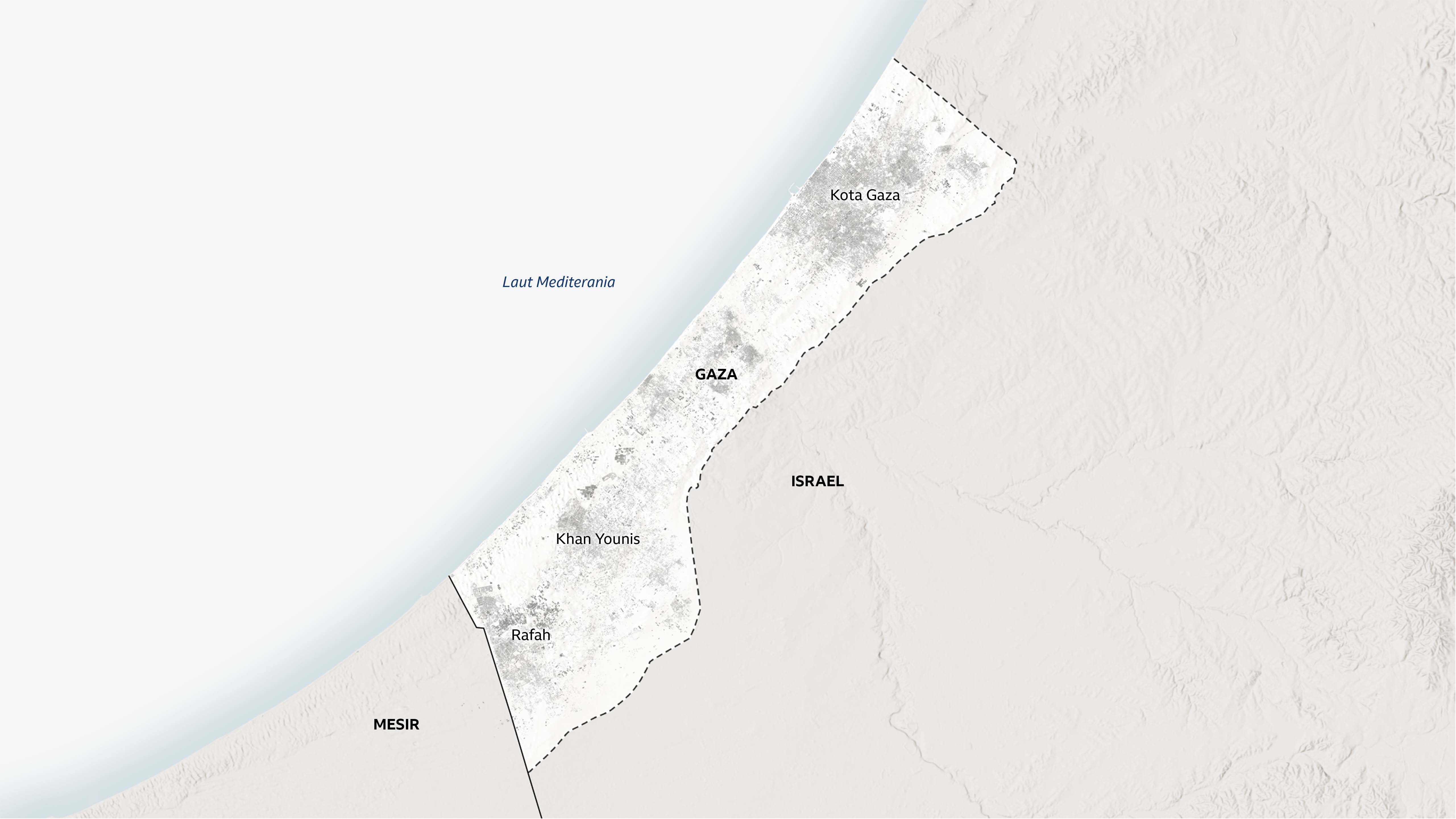 Peta Gaza dengan kota-kota besar,  Rafah, Khan Younis, dan Kota Gaza.