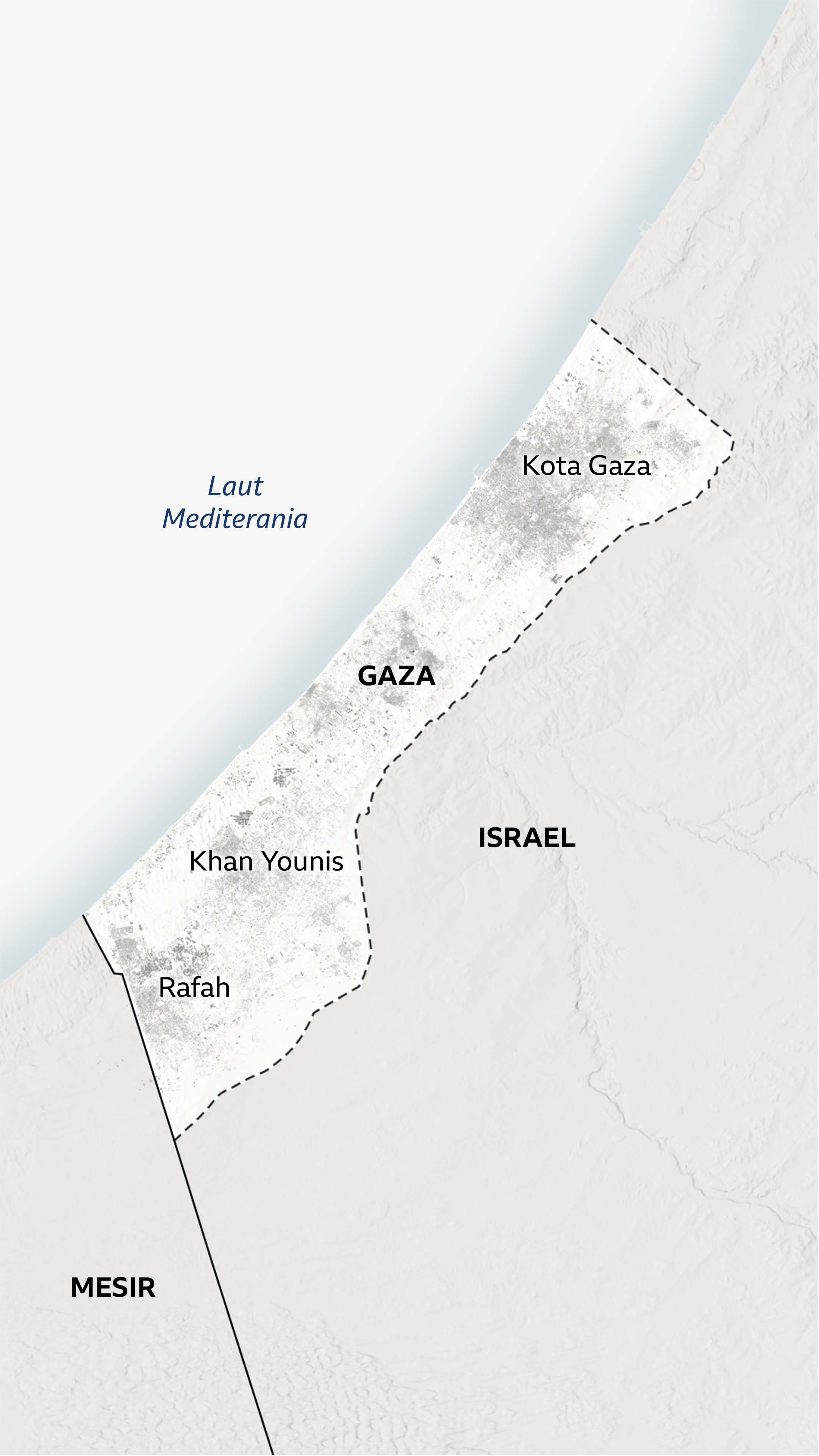 Peta Gaza dengan kota-kota besar,  Rafah, Khan Younis, dan Kota Gaza.
