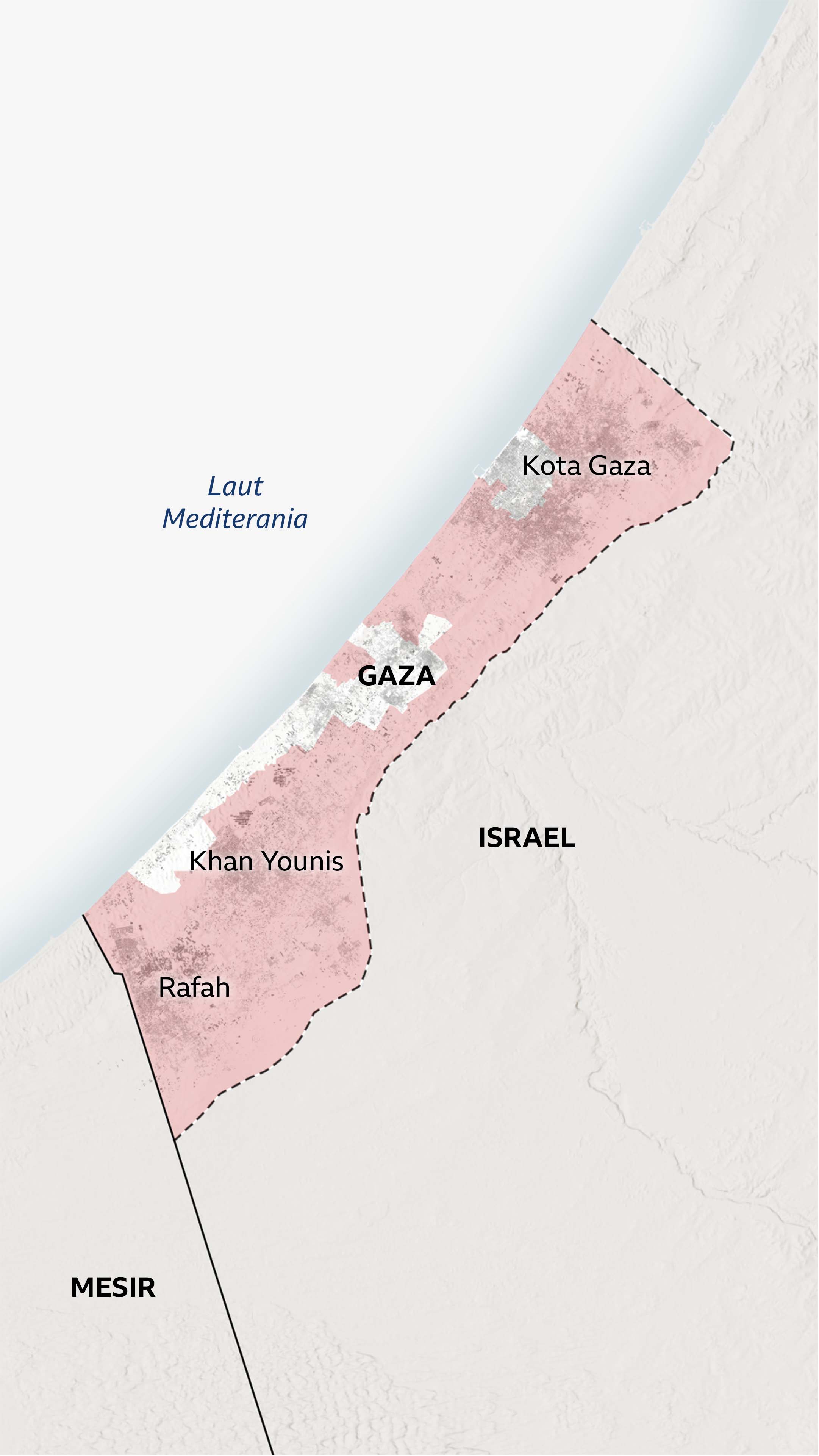 Peta Gaza memperlihatkan kawasan di bawah kendali militer Israel, yang menunjukkan sebagian besar teritori di luar kawasan kemanusiaan al-Mawasi yang kini dikuasai militer Israel.