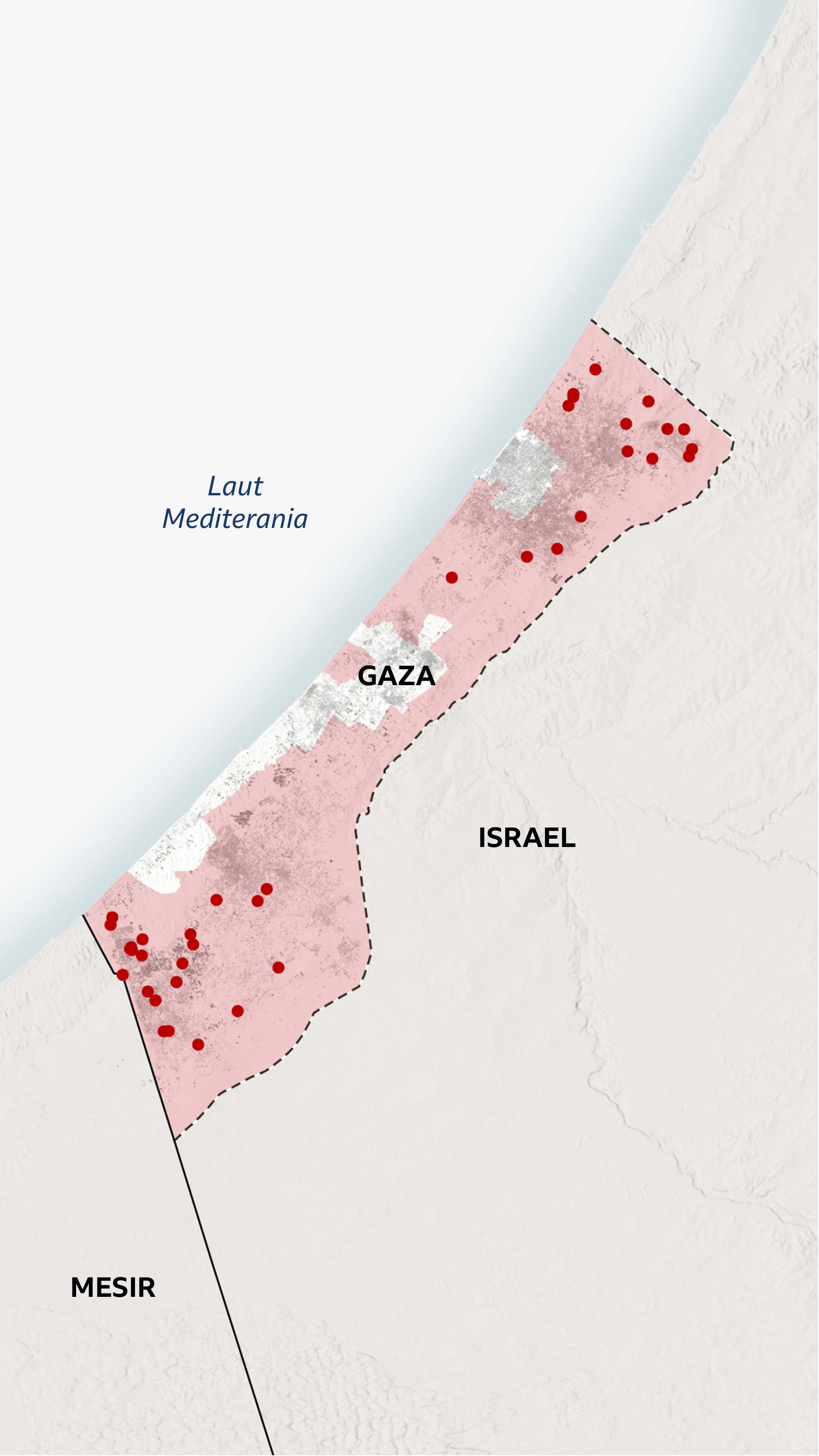 Peta Gaza memperlihatkan 40 lokasi terverifikasi yang mengalami  penghancuran infrastruktur sipil oleh pasukan Israel.  Titik-titik ini sebagian besar terpusat di Rafah dan sebelah utara Kota Gaza.