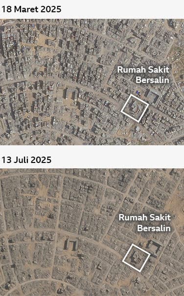 Foto Tel as-Sultan sebelum dan sesudah pada 10 Mei 2025 dan 4 Juli 2025. Sebagian besar bangunan dalam "foto sesudah" hancur; rumah sakit bersalin tetap berdiri.