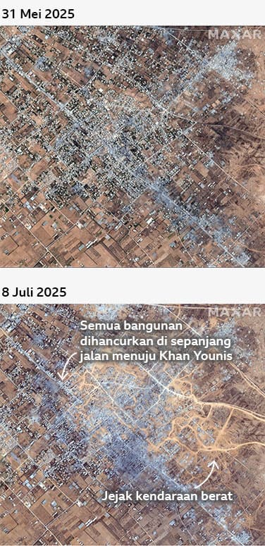 Foto-foto Abasan al-Kabira sebelum dan sesudah pada 31 Mei 2025 dan 8 Juli 2025. Gambar setelahnya menunjukkan kerusakan bangunan yang parah serta jejak baru kendaraan berat.
