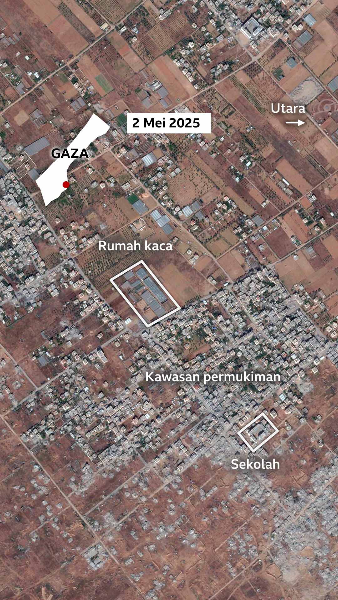 Foto satelit Khuza'a pada 2 Mei 2025. Area dengan mayoritas bangunan ditandai sebagai permukiman utama. Area yang lebih kecil ditandai sebagai rumah kaca.