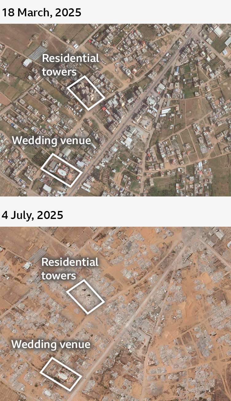 Before and after image of Qizan Abu Rashwan on 18 March, 2025 and 4 July, 2025. The images focus on a main road in the region; most of the structures are destroyed. Residential tower blocks and a wedding venue are highlighted.