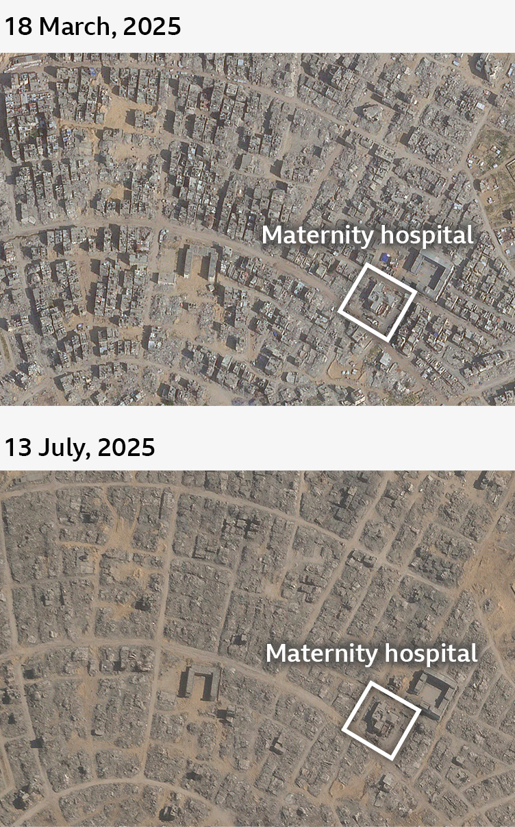 Before and after image of Tel as-Sultan on 10 May 2025 and 4 July 2025. Most buildings in the after image are destroyed; a maternity hospital, however, remains standing