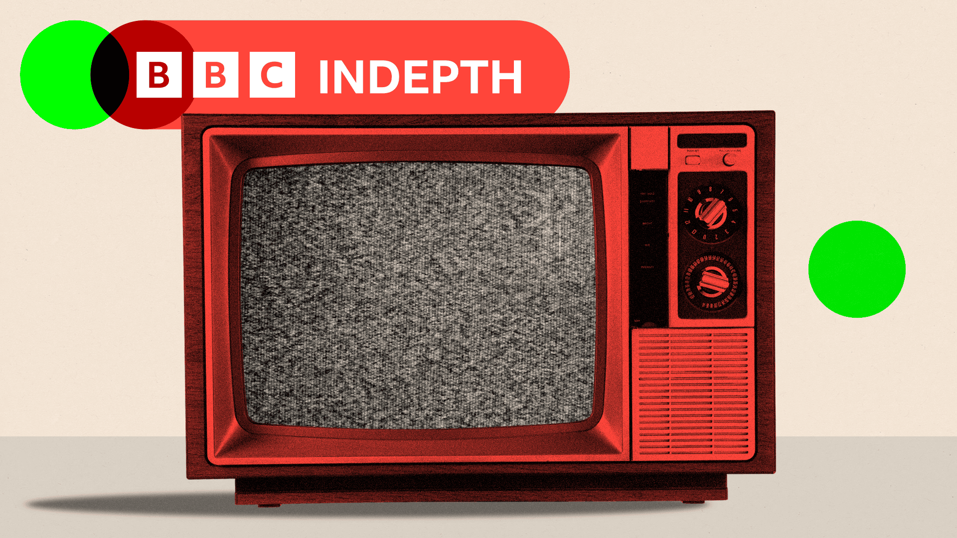 An old TV that's red and the screen is blurred. The background is beige