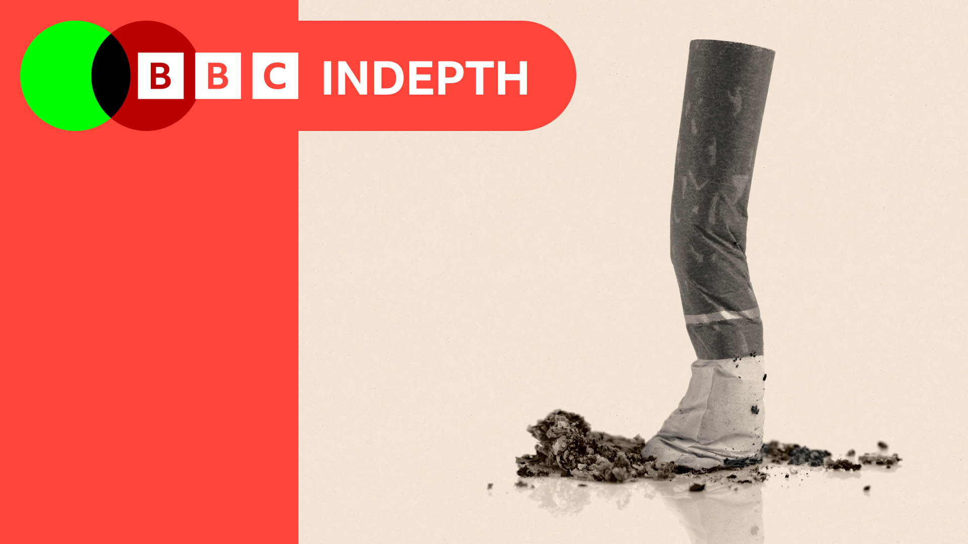 A cigarette butt on a beige and red background