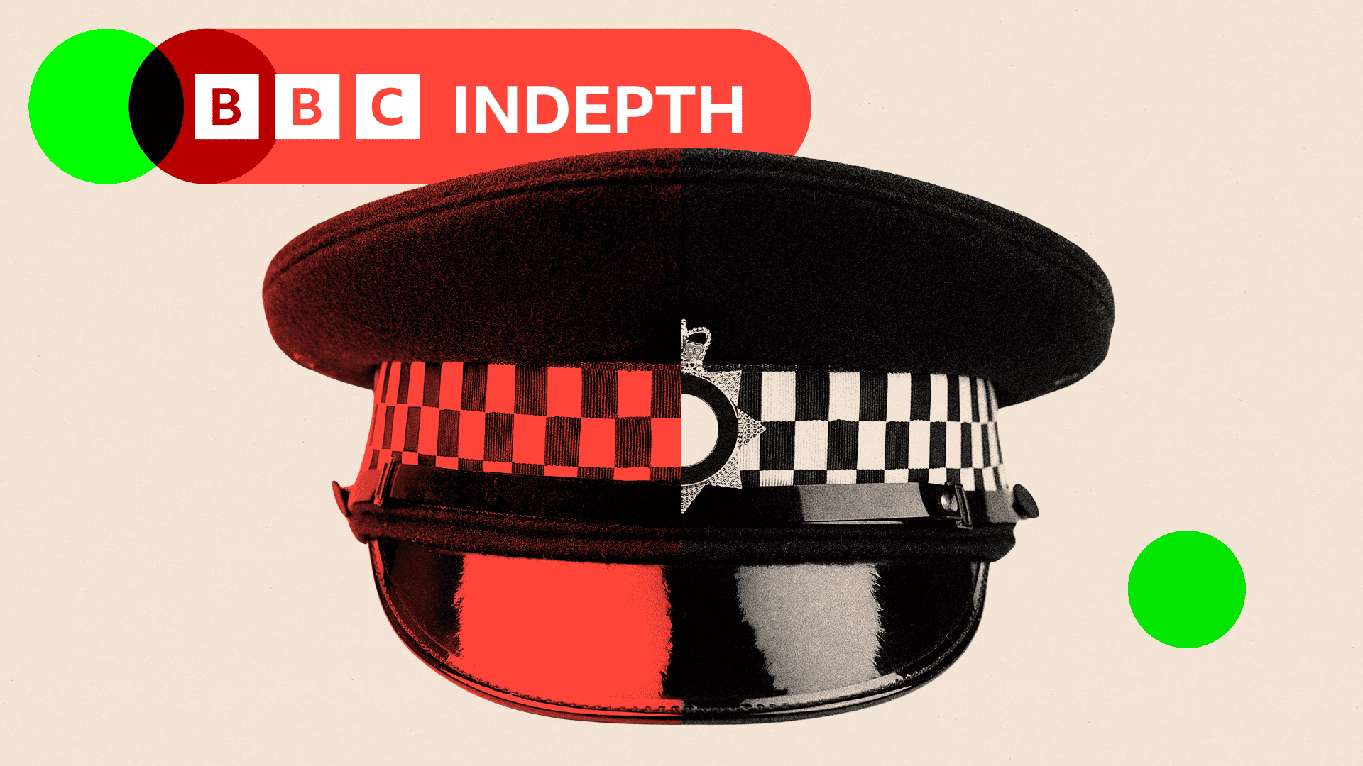 A police hat with one side faded red and the other side is black and white. The background is beige