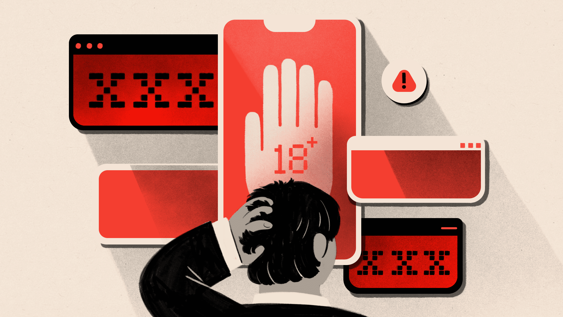 Illustrated image of a man looking a several red messages. The central message is a phone with a hand in the middle which reads 18+