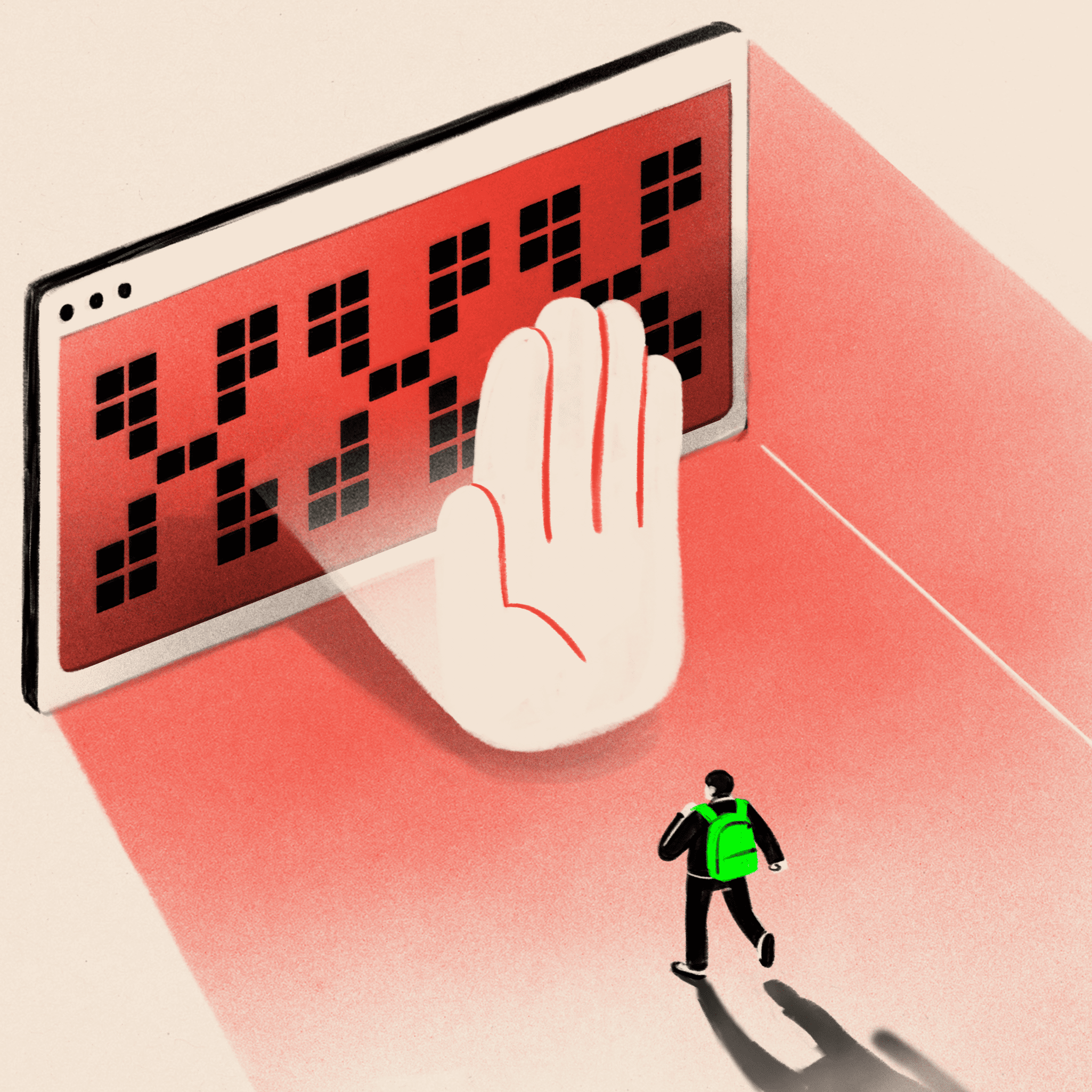 Illustrated image of a man with a backpack looking at a screen with a hand coming out