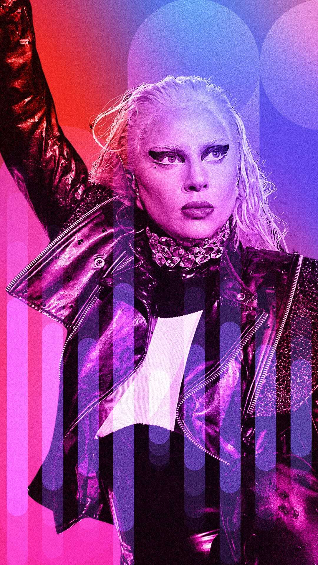 Lady Gaga wearing a black leather jacket with one arm raised, set against a red and blue gradient background with circular and vertical stripe patterns.
