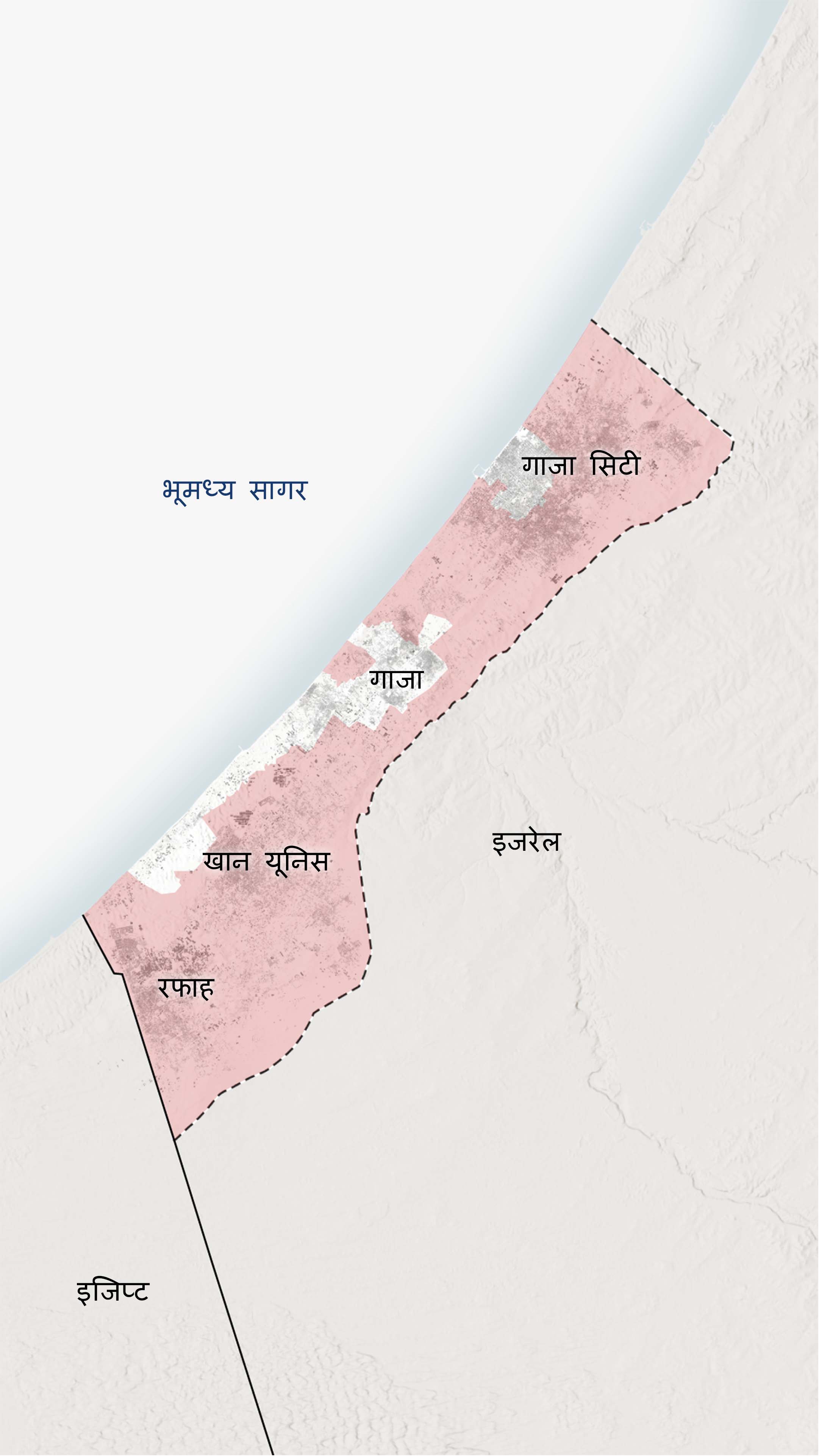इजरेली सेनाको नियन्त्रणमा रहेका क्षेत्रहरू देखिने गाजाको नक्सा। यसले अल-मवासी मानवीय सहायता क्षेत्रबाहिर रहेको अधिकांश भूभागमा इजरेलको नियन्त्रण रहेको सङ्केत गर्छ।