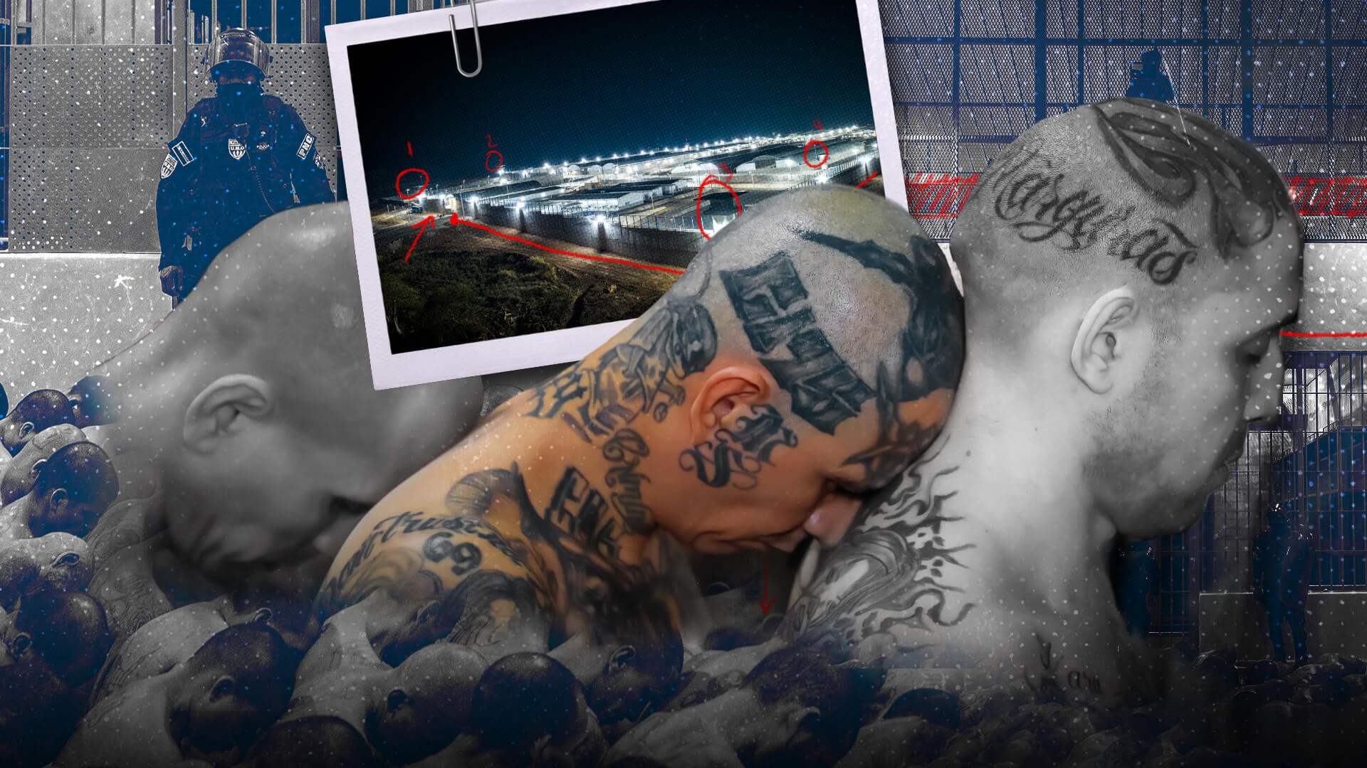 A montage of a polaroid of prison buildings lit up at night with a side view of three prisoners standing in a row with their foreheads against the back of the man in front. Their shaved heads are covered with tattoos