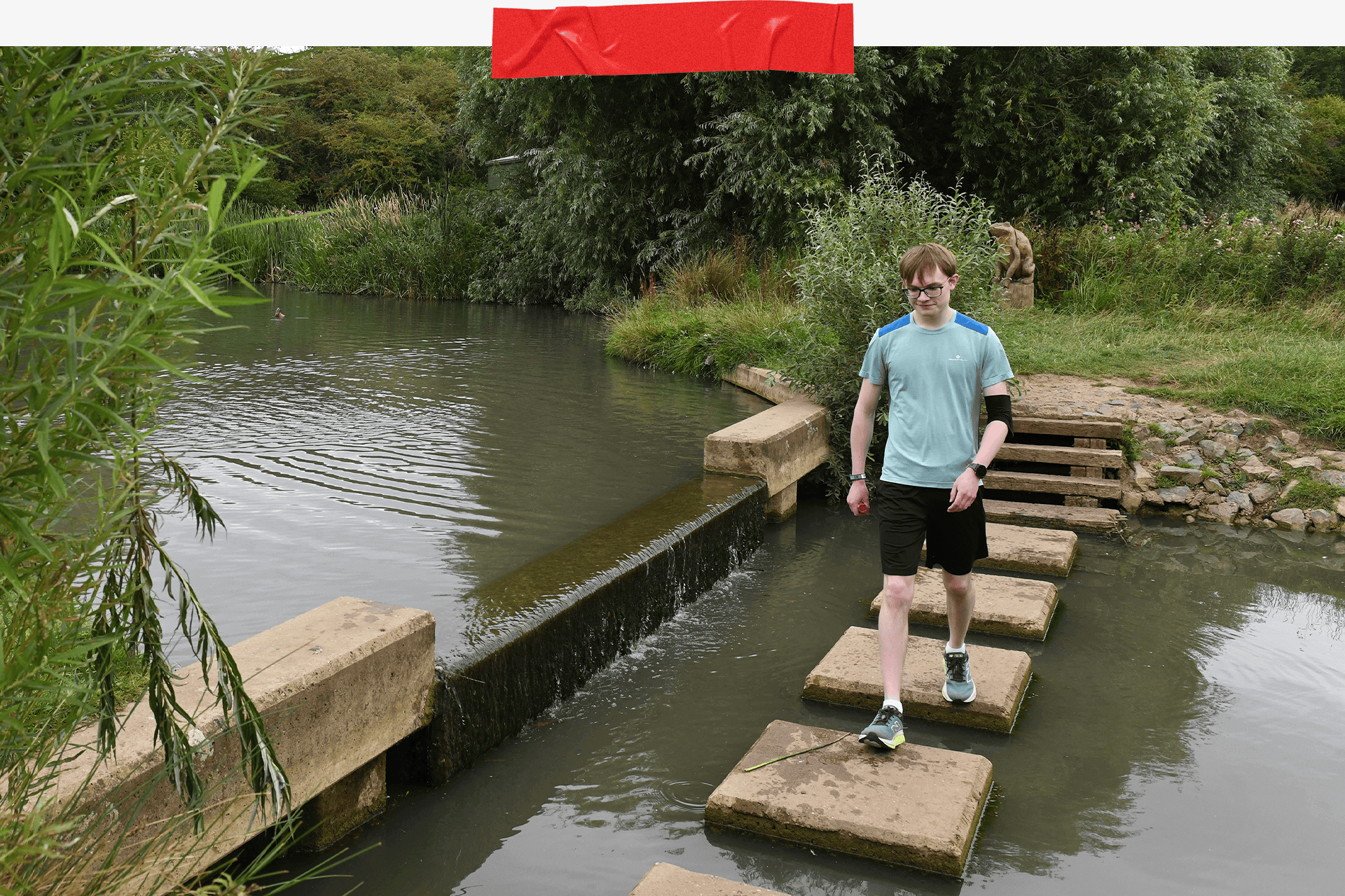 Sam walking on stepping stones over water