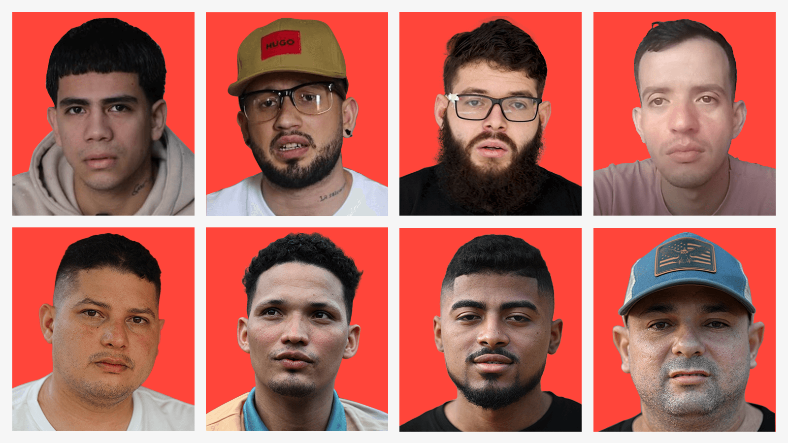 ভেনেজুয়েলার অভিবাসীদের ছবি: উপরের সারিতে - জোয়েন সুয়ারেজ, আর্তুরো সুয়ারেজ, উইলকেন ফ্লোরেজ, অ্যান্ড্রি হার্নান্দেজ। নিচের সারিতে - অ্যান্ডি পেরোজো, মার্ভিন ইয়ামার্তে, এডুয়ার হার্নান্দেজ, রিঙ্গো রিনকন