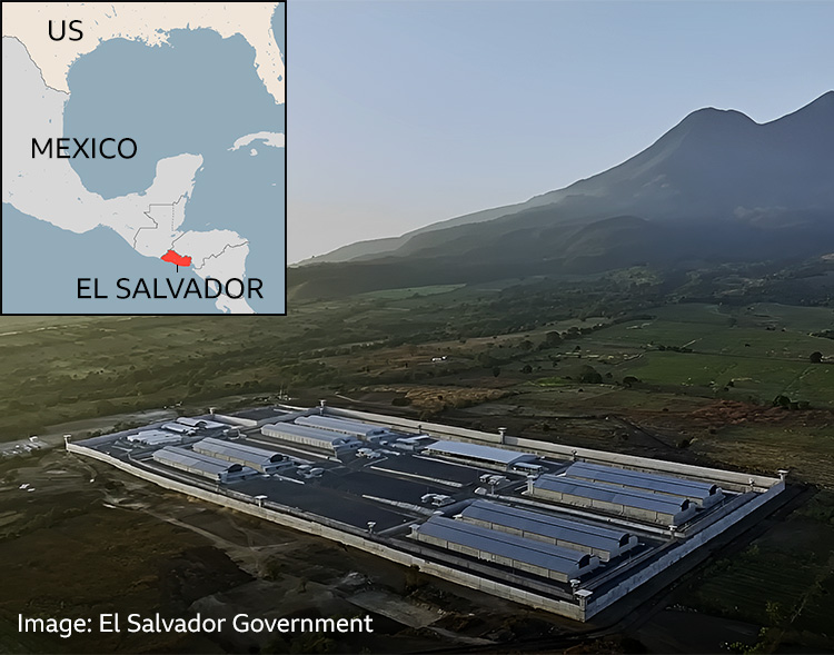 Aerial image of the Cecot prison in El Salvador, with an inset map showing the US, Mexico and El Salvador