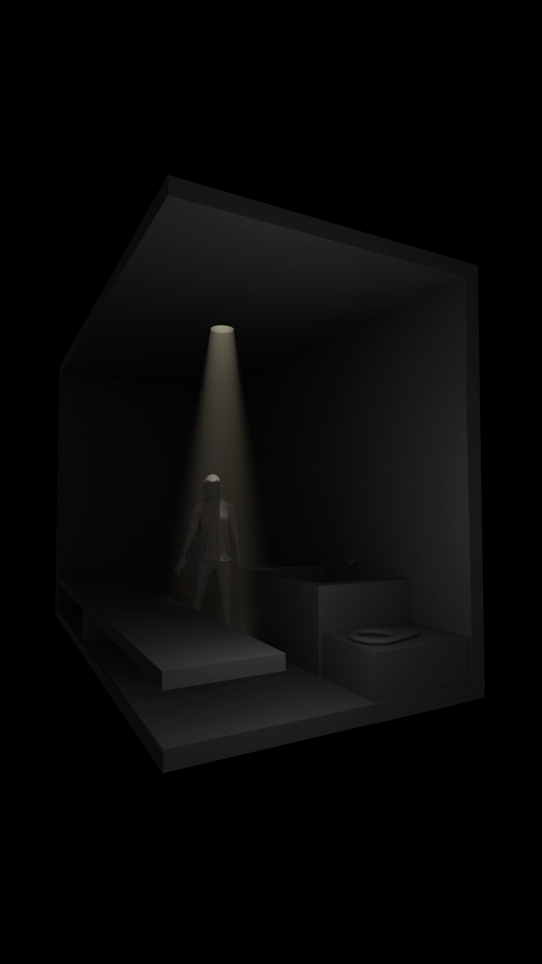 Interior de la celda de castigo "la isla" en el Cecot. Un hombre está de pie en una habitación con una cama de concreto, un inodoro y un tanque de agua. La única luz proviene de un agujero en el techo.