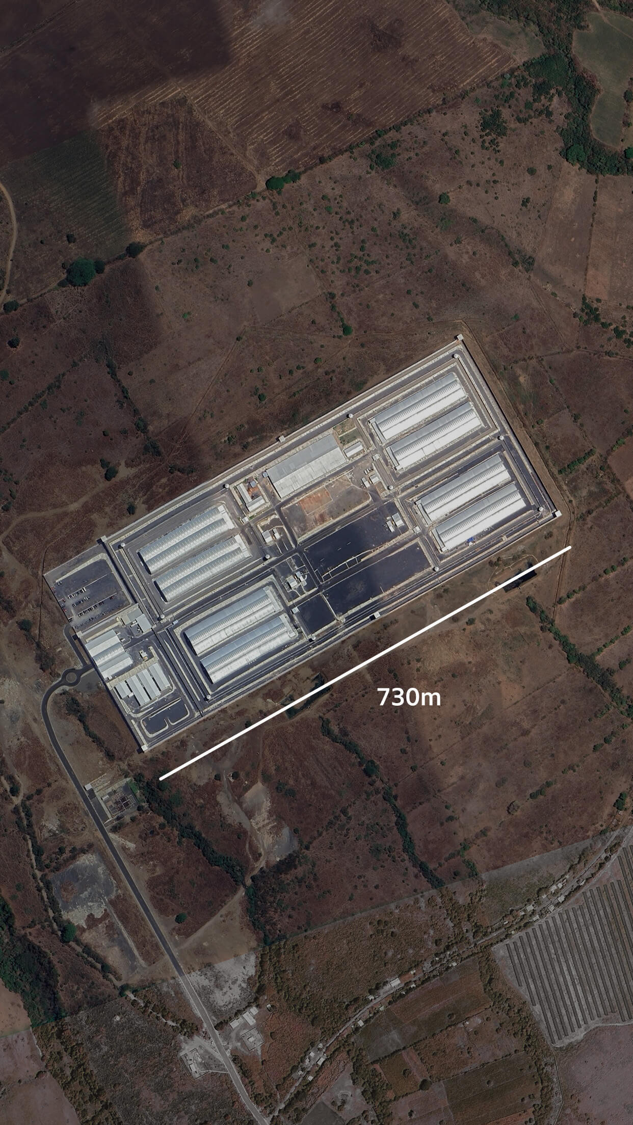 Aerial image of the Cecot prison showing that the site is 730 metres long