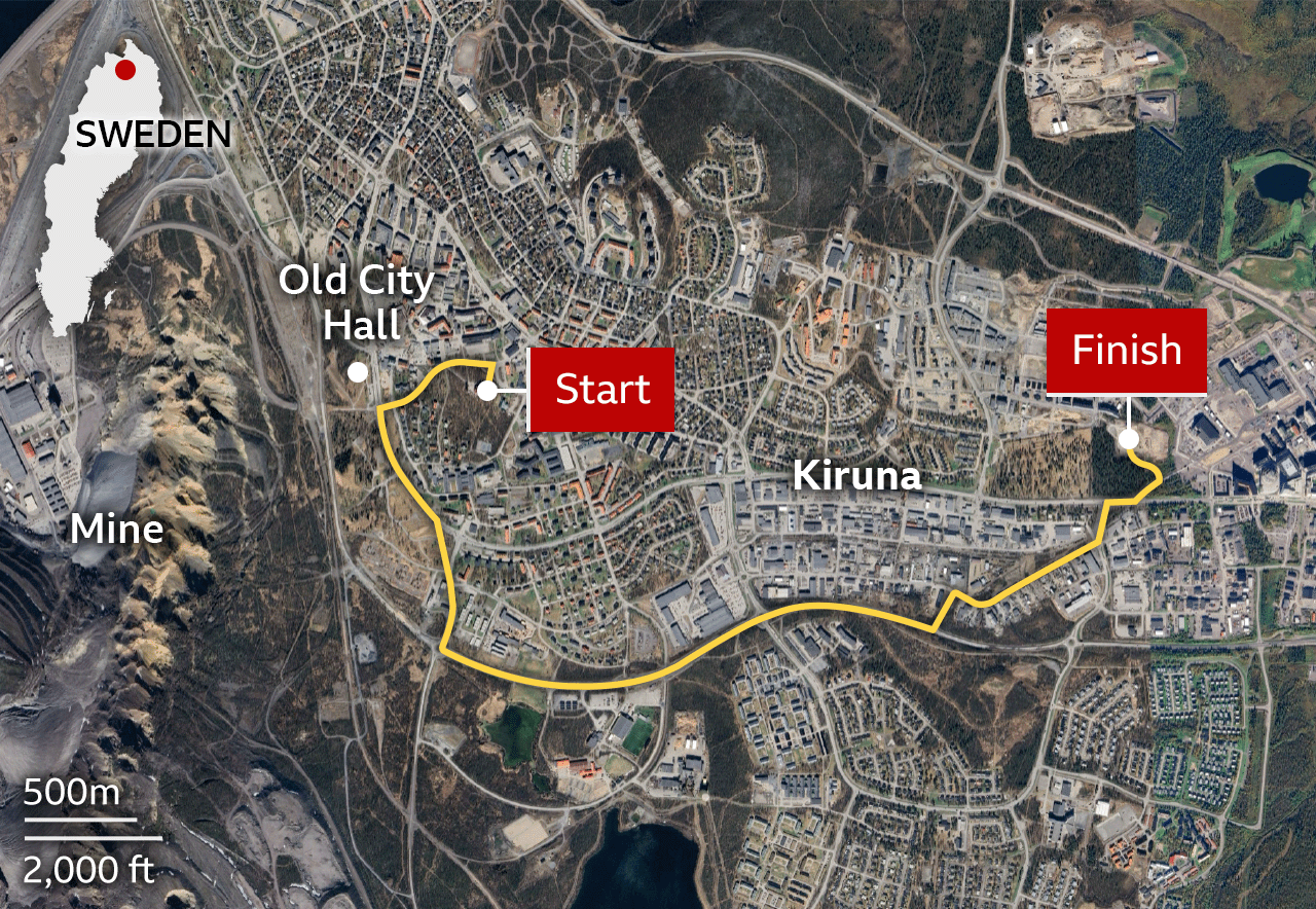 Map showing route church took through the city of Kiruna