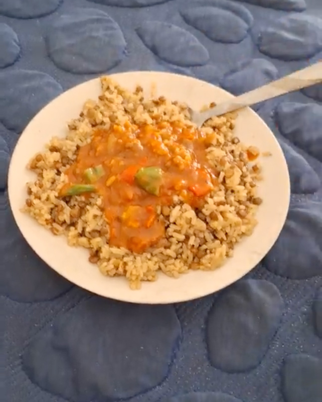 A plate of homemade mujaddarra, the Arabic dish made of lentils, rice and onions, resting on a blue blanket