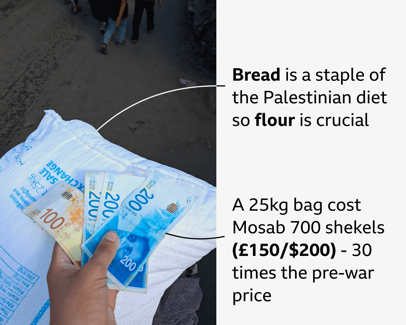 Annotated photograph of a bag of flour and Mosab holding 700 shekels. The annotations say that flour is crucial in the Palestinian diet and that a 25kg bag of flour costs £150