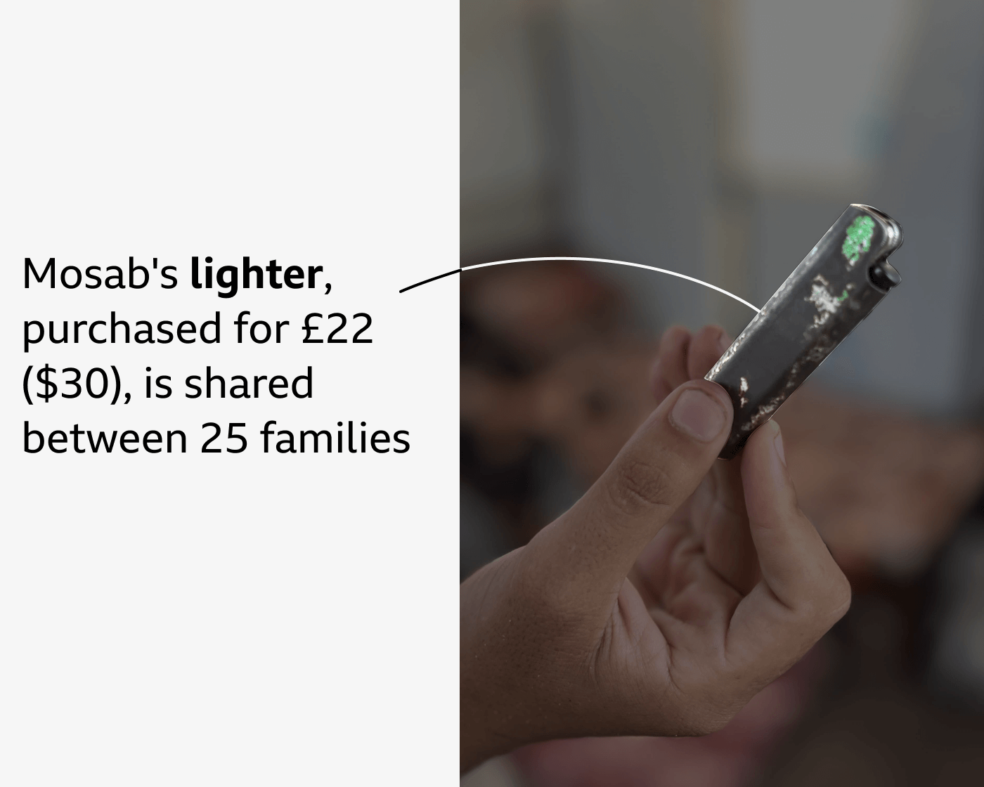 A hand holds a worn silver lighter with chipped paint. Text on the image explains that Mosab’s lighter, bought for £22 ($30), is shared between 25 families
