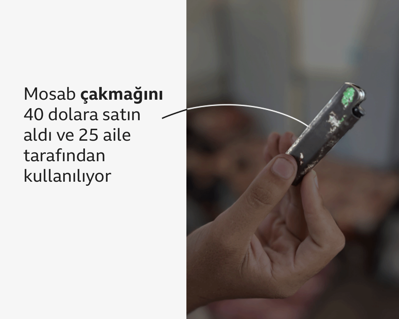 Bir çakmak tutan el. Mosab'ın 30 dolara aldığı çakmak 25 aile tarafından kullanılıyor. 