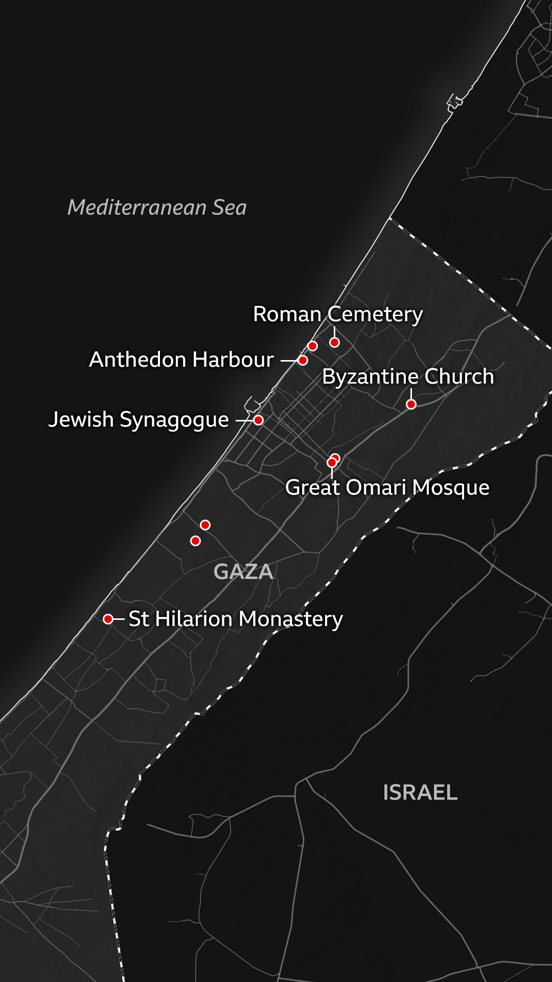 Map of Gaza with dots marking the places of the Jewish Synagogue, Roman Cemetery, Byzantine Church, the Great Omari Mosque, Anthedon Harbour and St Hilarion Monastery. We can see the Mediterranean Sea on the right side and Israel on the left side of Gaza