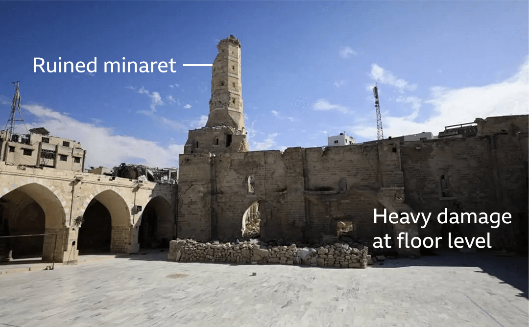 Courtyard of the Great Omari Mosque in Gaza City, in August 2024. Annotations show the ruined minaret and the heavy damage at floor level