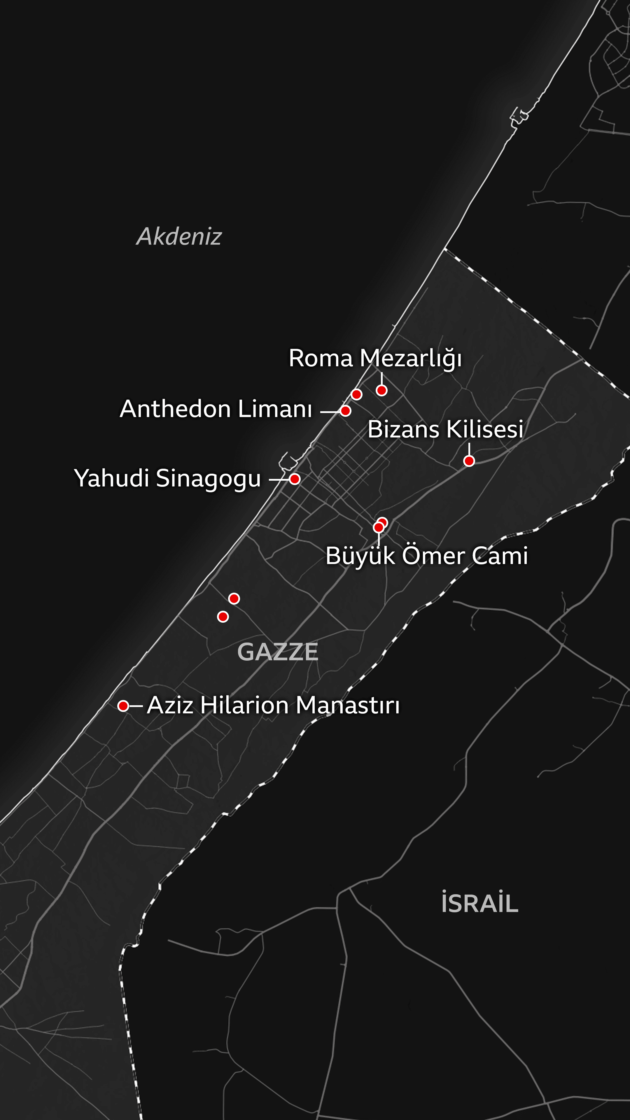 Yahudi Sinagogu, Roma Mezarlığı, Bizans kilisesi, Büyük Ömer Cami, Anthedon Limanı ve Aziz Hilarion Manastırı'nın yerlerini gösteren harita. 