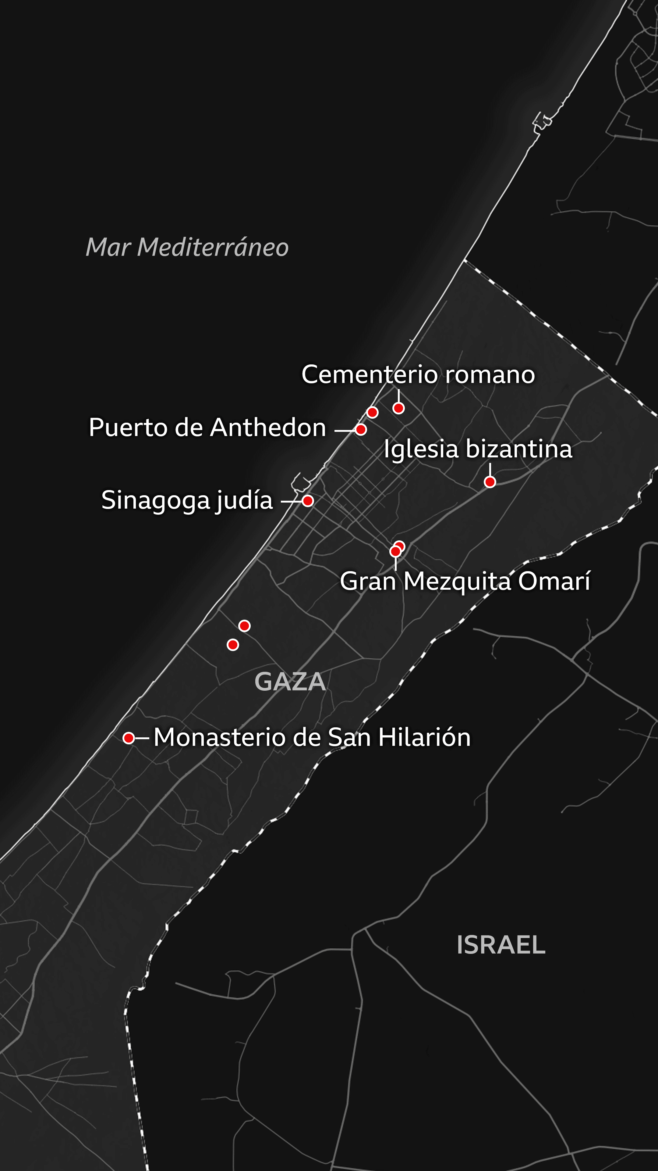Mapa de Gaza con puntos que marcan la ubicación de la sinagoga judía, el cementerio romano, la iglesia bizantina, la Gran Mezquita de Omari, el puerto de Anthedon y el monasterio de San Hilarión. Se puede ver el mar Mediterráneo a la derecha e Israel a la izquierda de Gaza.
