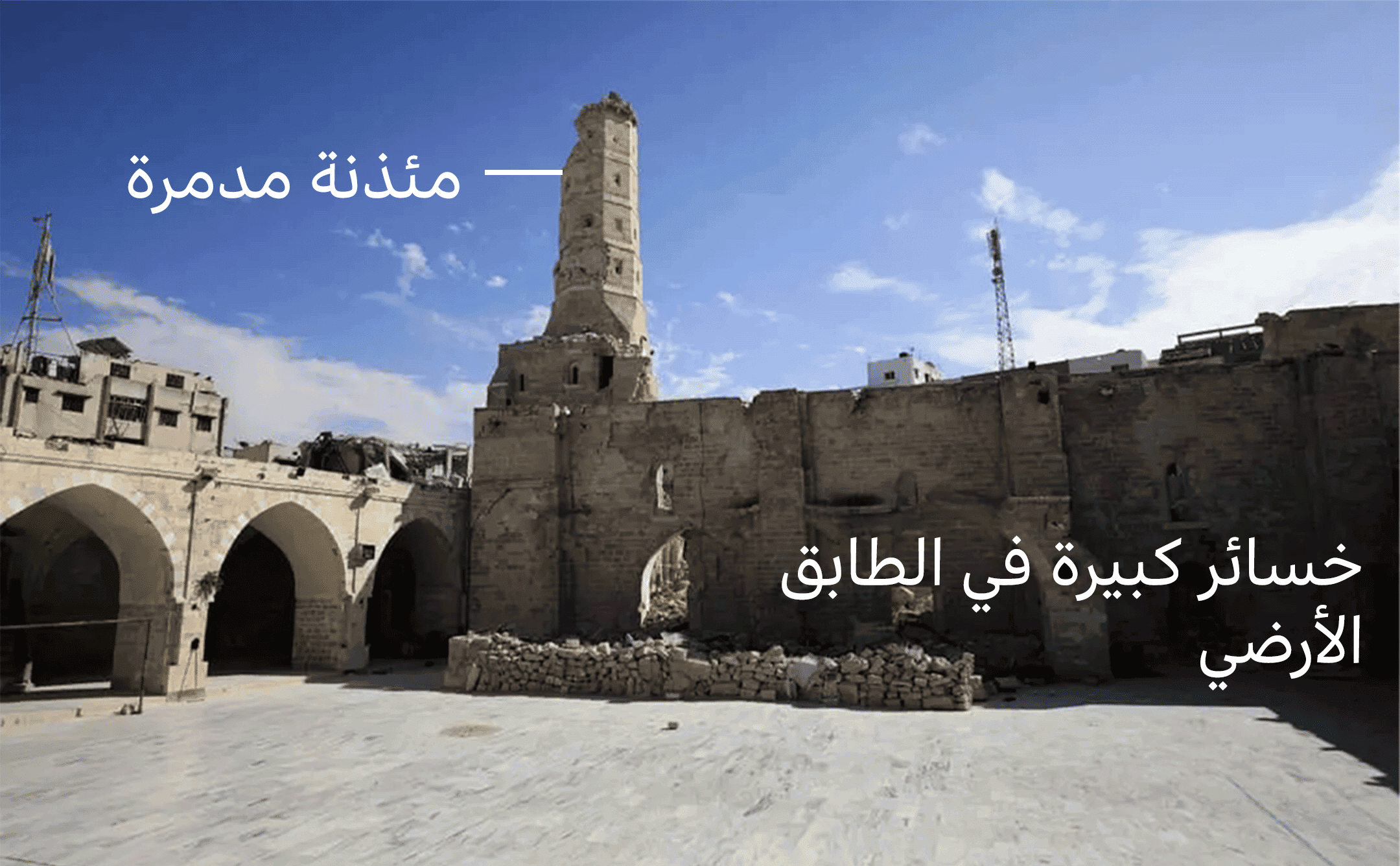 فناء المسجد العمري الكبير بمدينة غزة، في أغسطس/آب 2024. وتوضح الملاحظات المئذنة المدمرة والأضرار الجسيمة على مستوى الطابق الأرضي.