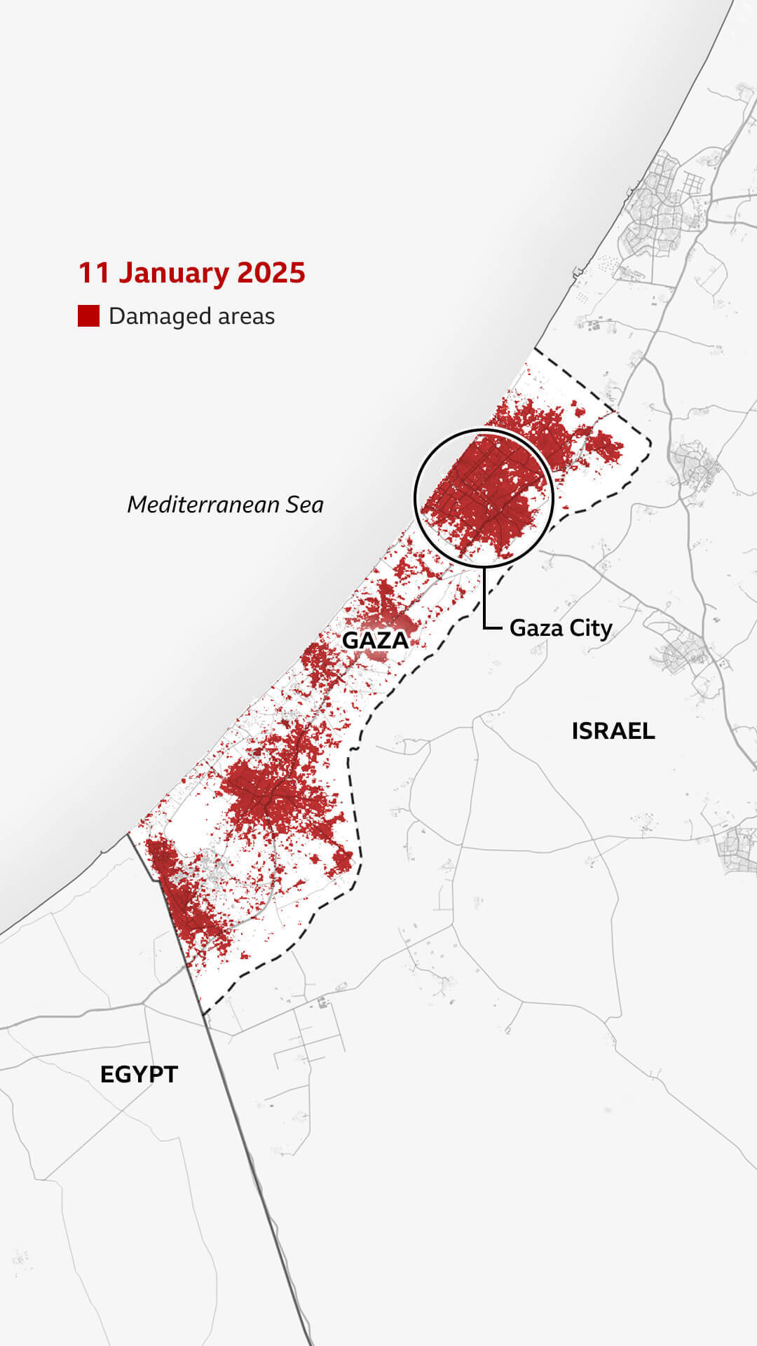 Map dated 11 January 2025 highlights Gaza City which is now almost completely red.