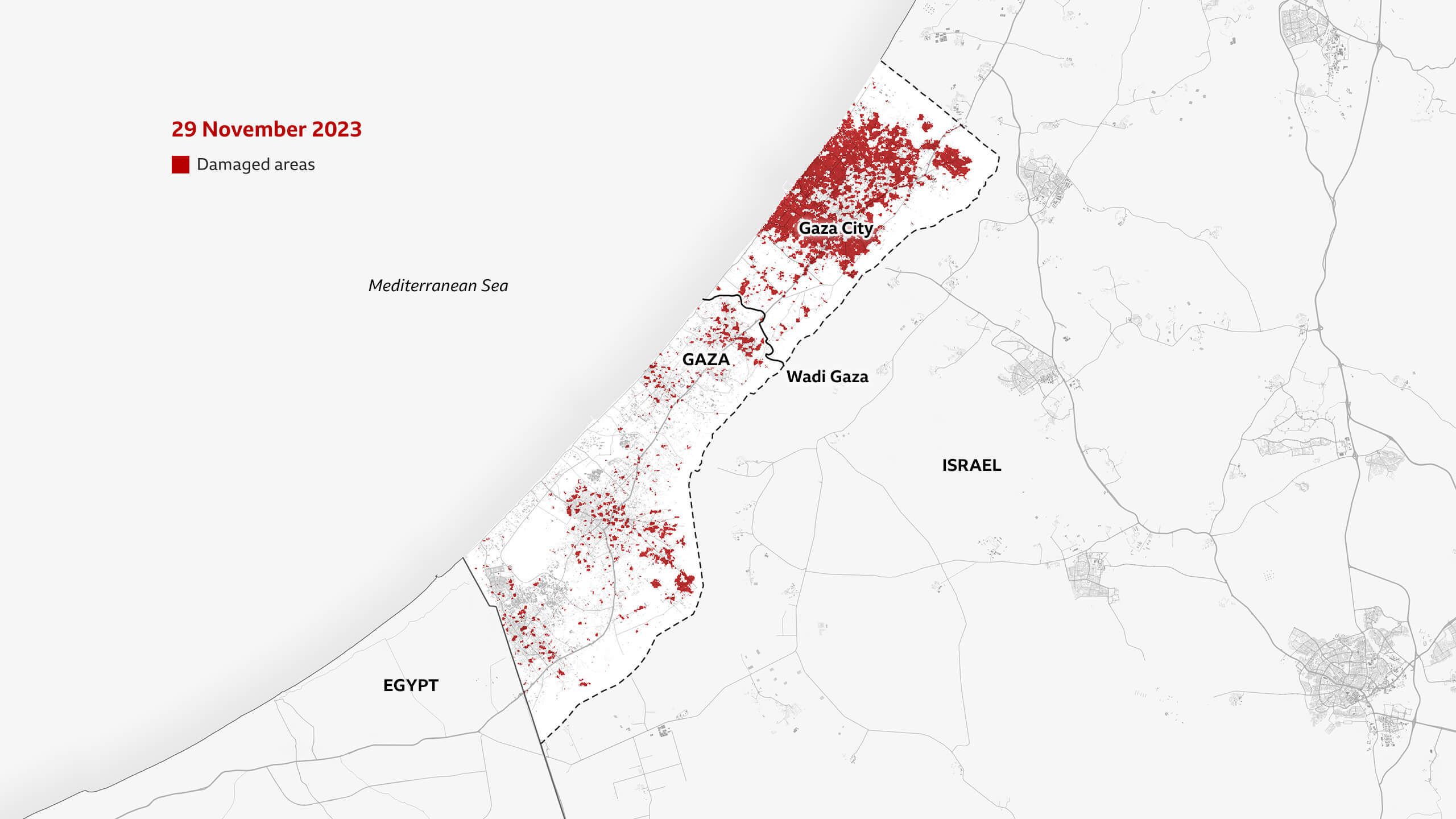 Map dated 29 October 2023 shows the red damaged areas have spread to cover most of Gaza City and northern Gaza. They are also spreading in the south. The Wadi Gaza river to the south of Gaza City is shown cutting across the territory.