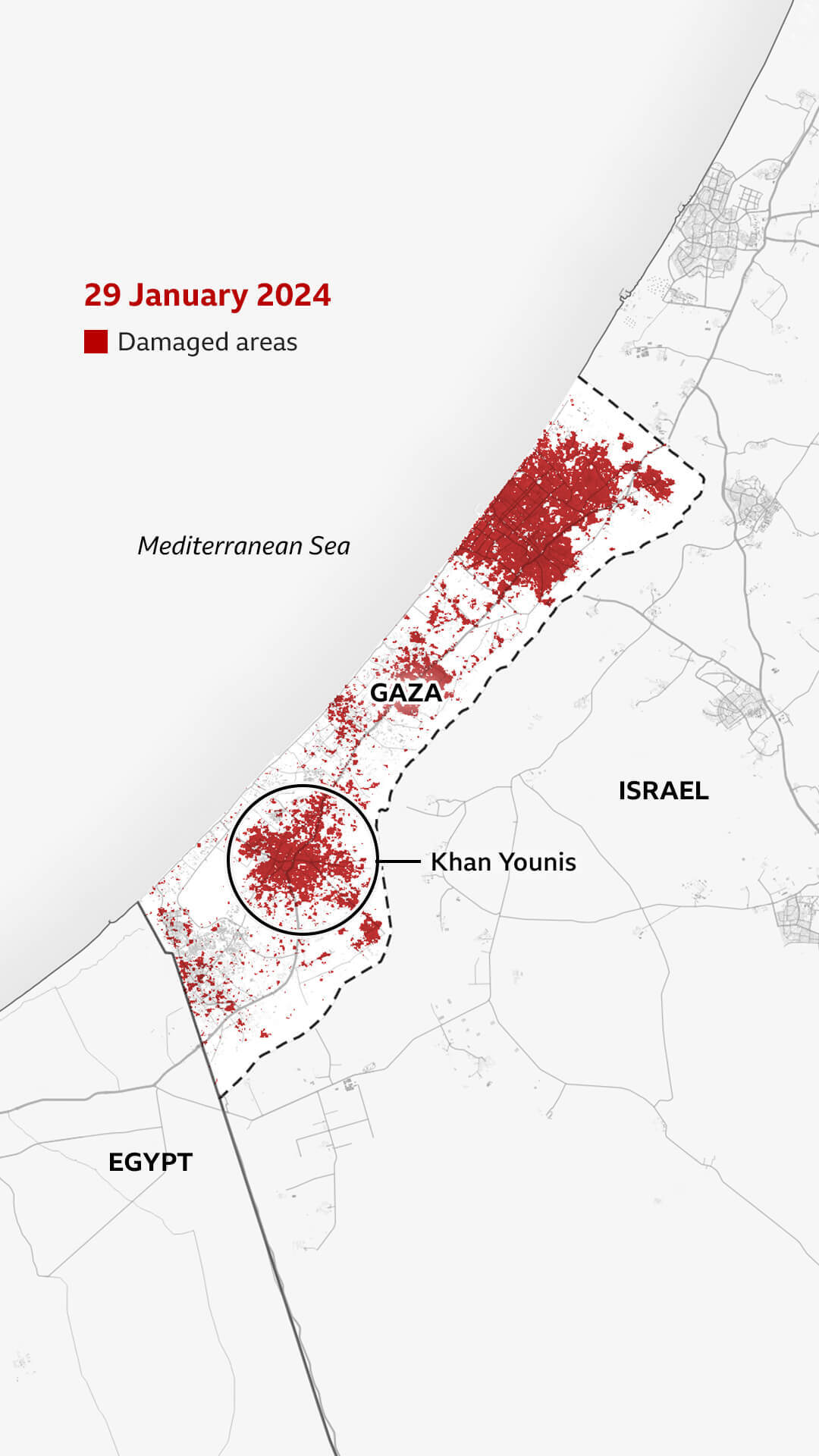 Map dated 29 January 2024 highlights Khan Younis in southern Gaza which is now noticeably covered by red indicating damage. Gaza City and central Gaza are also more badly damaged.